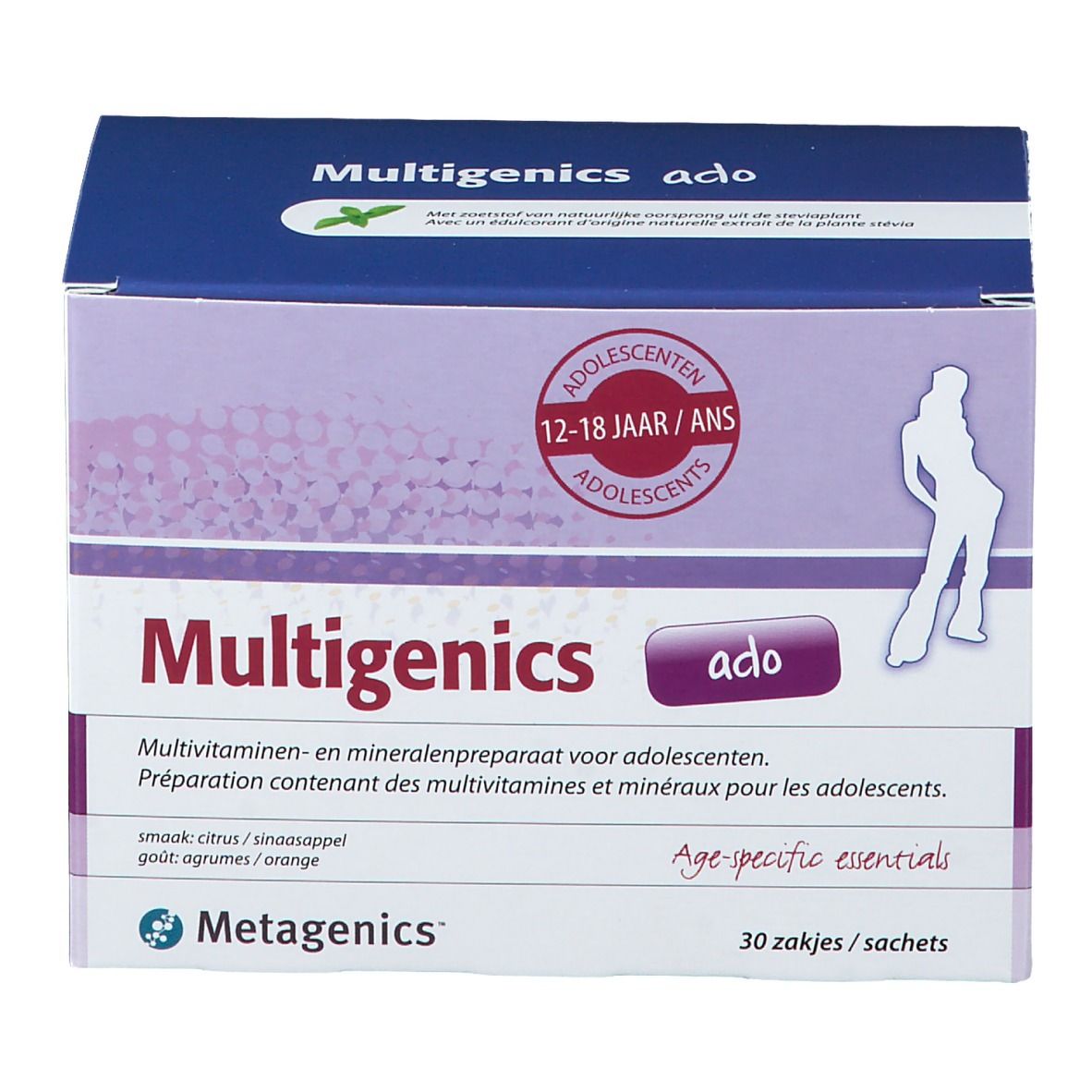 Vooraanzicht van de Multigenics Ado-verpakking. Bevat 30 zakjes. Opschrift: Multigenics, ado, voor adolescenten 12-18 jaar. Smaak: citrus/sinaasappel.
