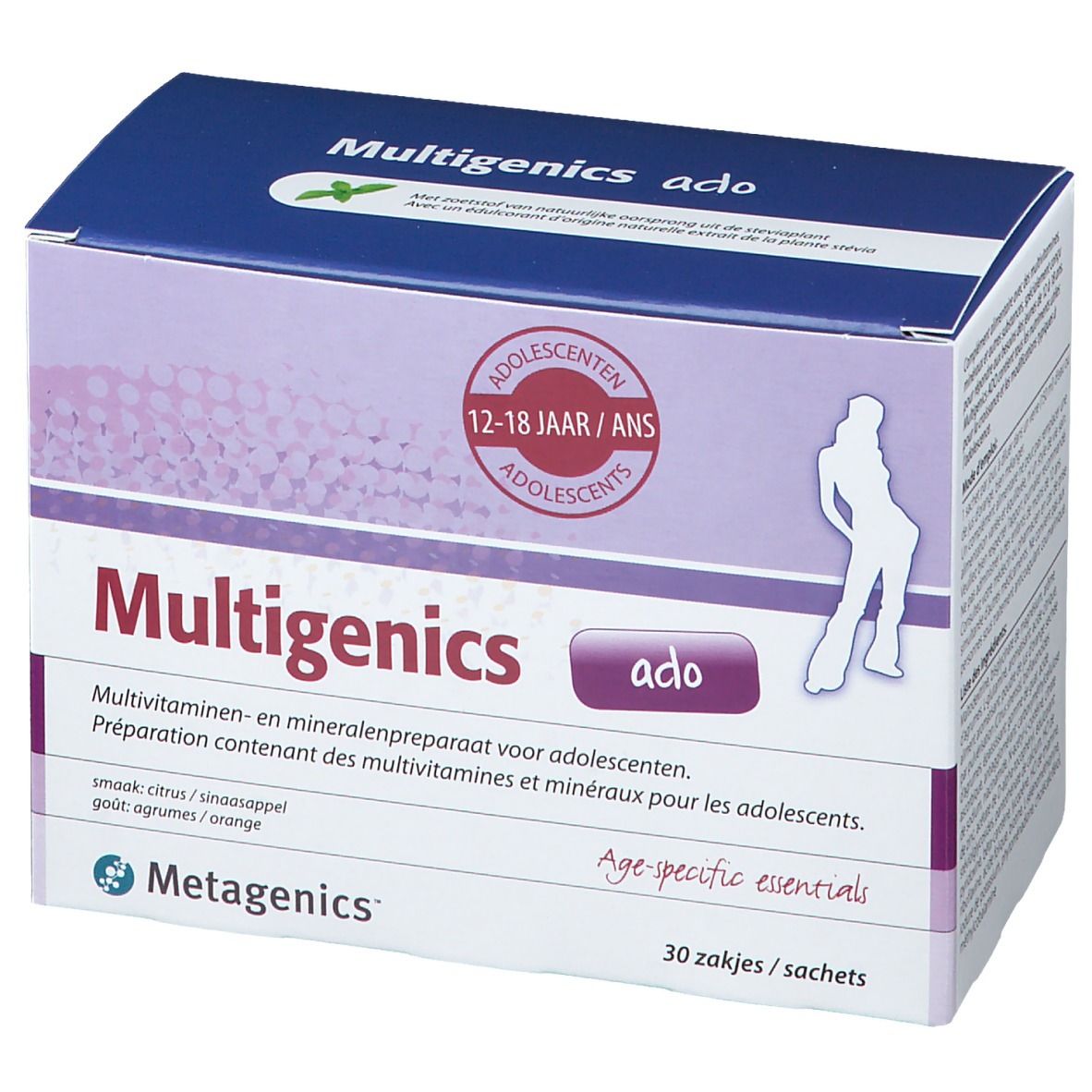 Vooraanzicht van de Multigenics Ado-verpakking. Bevat 30 zakjes. Opschrift: Multigenics, ado, voor adolescenten 12-18 jaar. Smaak: citrus/sinaasappel.
