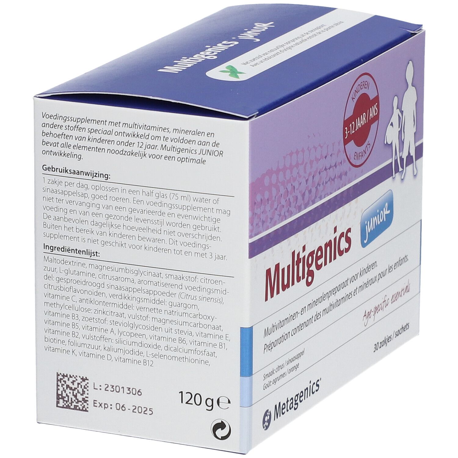 Boîte de Multigenics Junior. Contient 120g. Inscription : Enfants 3-12 ans. Logo Metagenics. Liste des ingrédients.