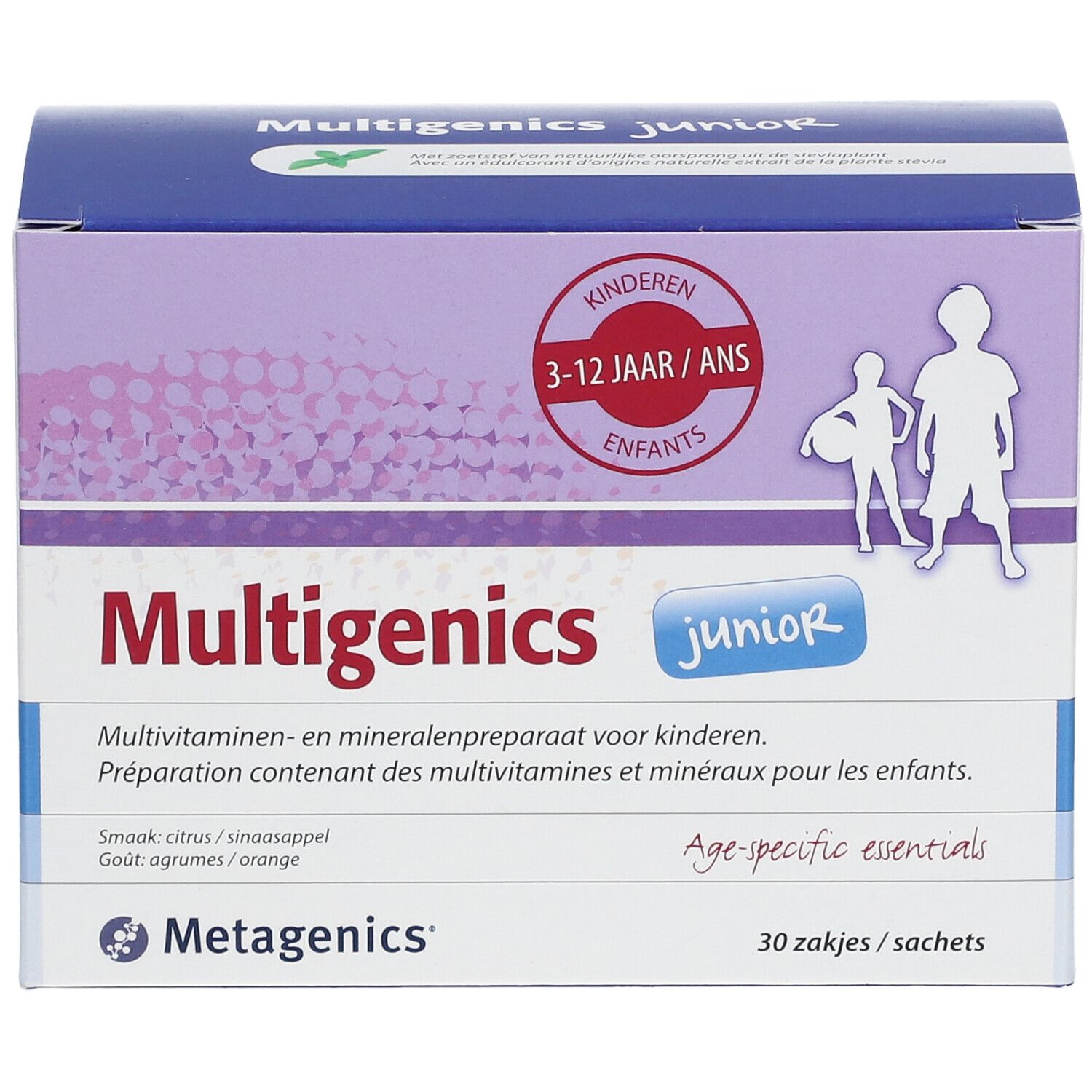 Boîte de Multigenics Junior. Contient 30 sachets. Inscription : Enfants 3-12 ans. Logo Metagenics.
