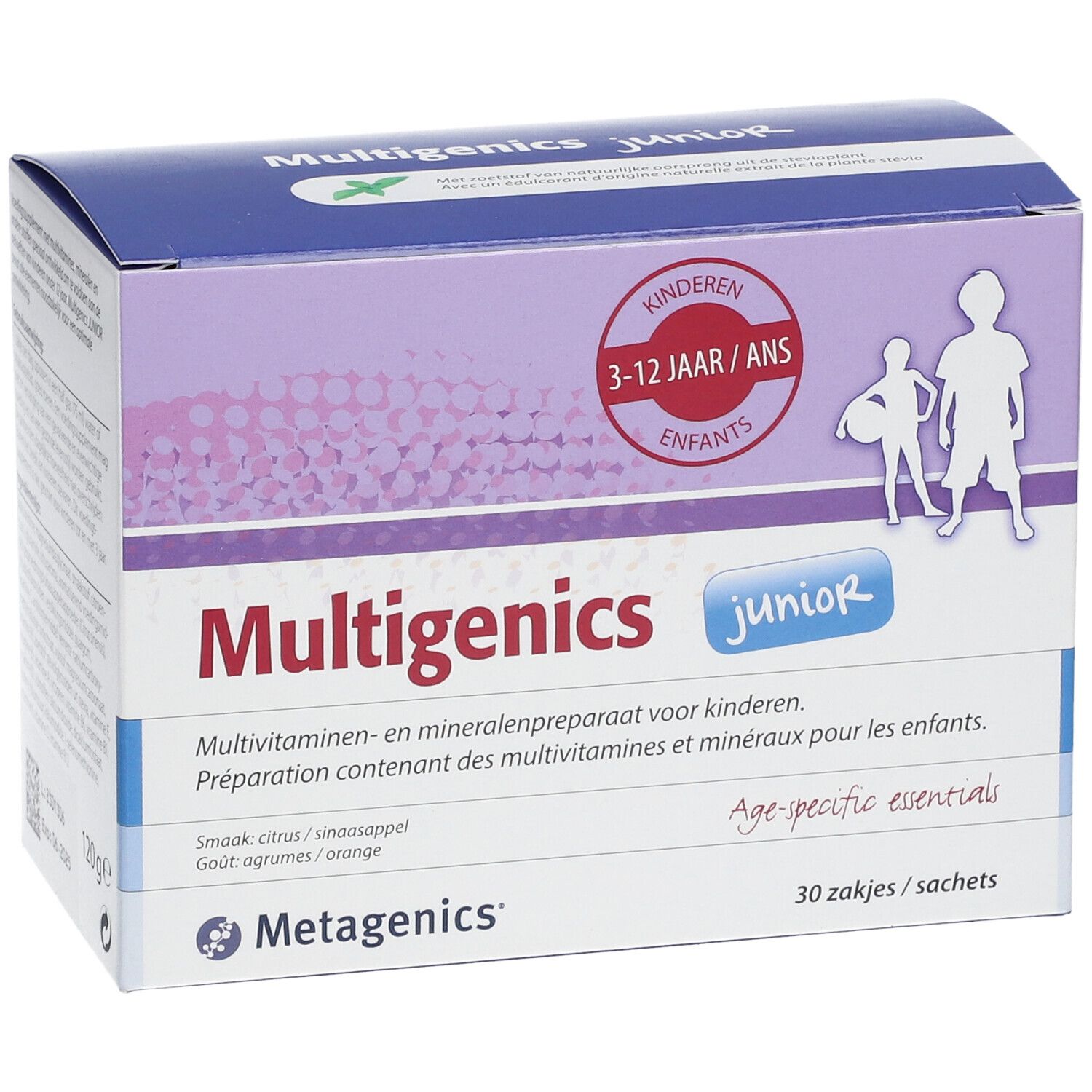 Boîte de Multigenics Junior. Contient 30 sachets. Inscription : Enfants 3-12 ans. Logo Metagenics.