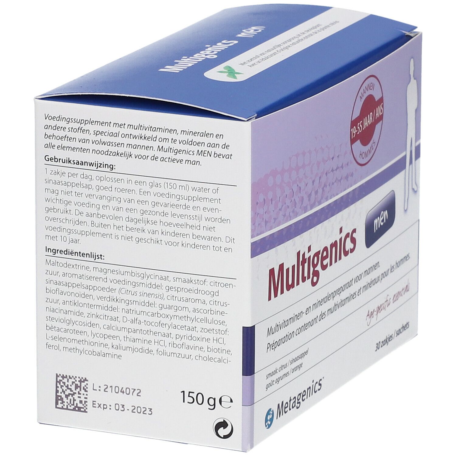 Boîte de Multigenics Men. Contient 150g. Inscription : multivitamines et minéraux pour hommes. Liste des ingrédients.