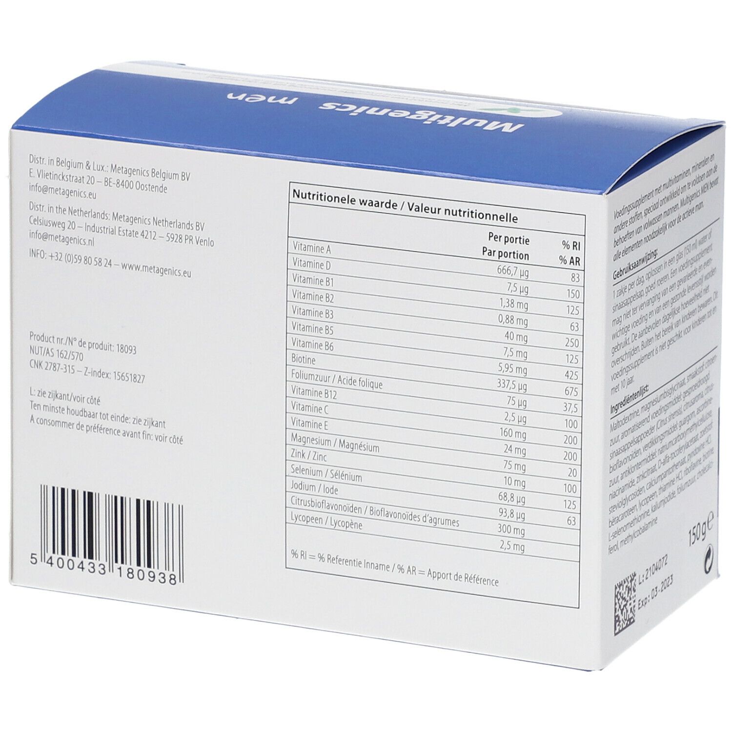 Dos de la boîte Multigenics Men. Contient des informations nutritionnelles. Poids : 150g. Date de péremption 03-2023.