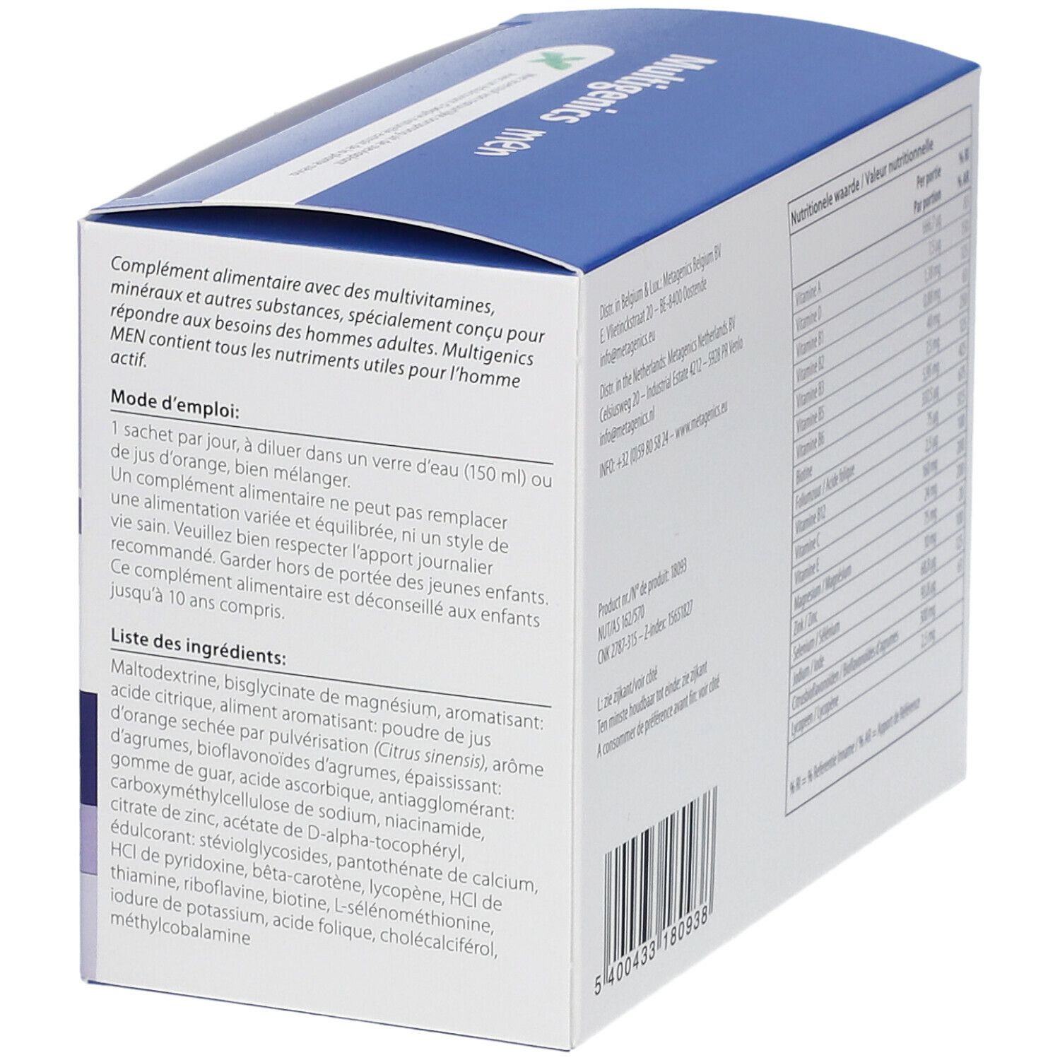 Dos de la boîte Multigenics Men. Contient les instructions d'utilisation et la liste des ingrédients. Poids : 150g.
