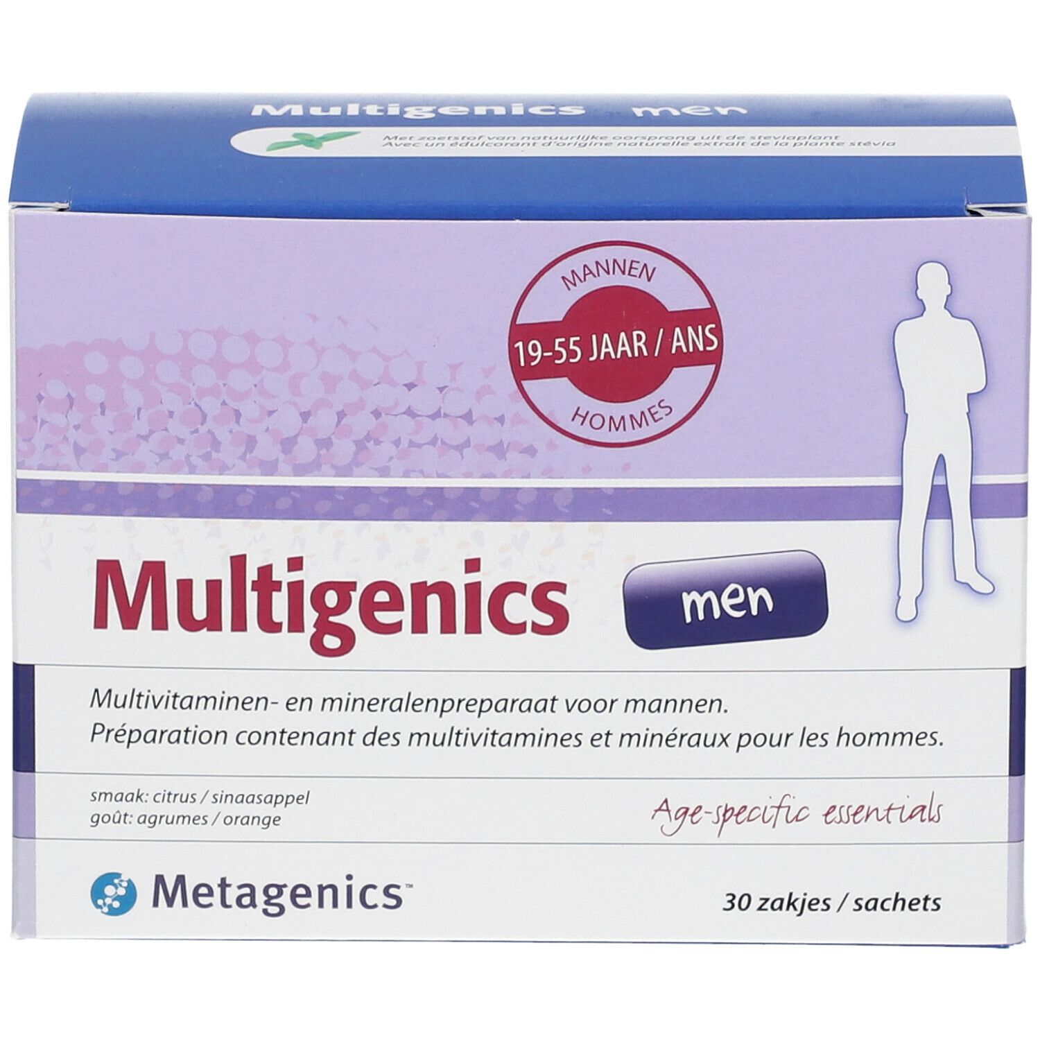 Boîte de Multigenics Men. Contient 30 sachets. Inscription : multivitamines et minéraux pour hommes. Âge : 19-55 ans.