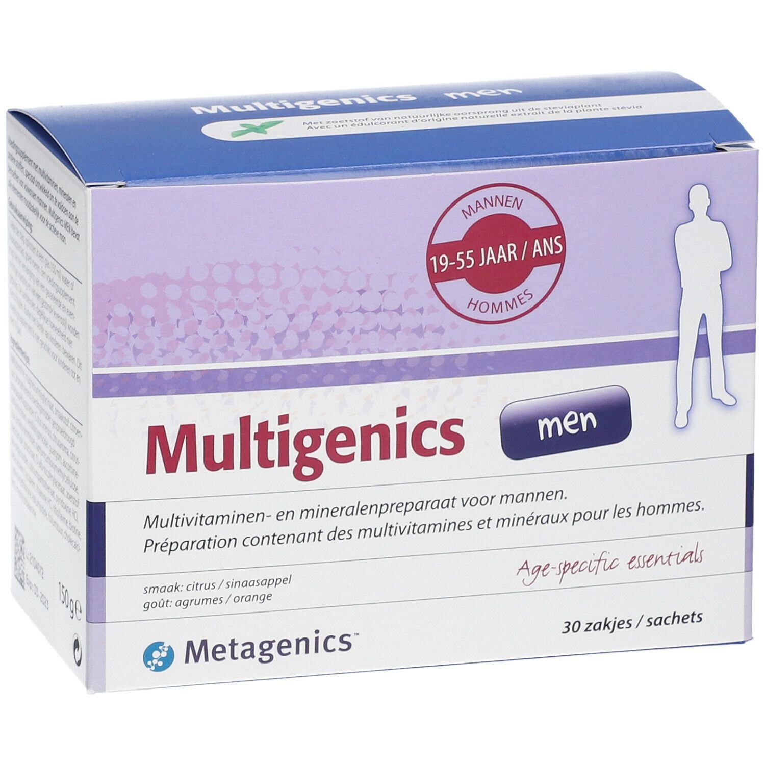 Boîte de Multigenics Men. Contient 30 sachets. Inscription : multivitamines et minéraux pour hommes. Âge : 19-55 ans.