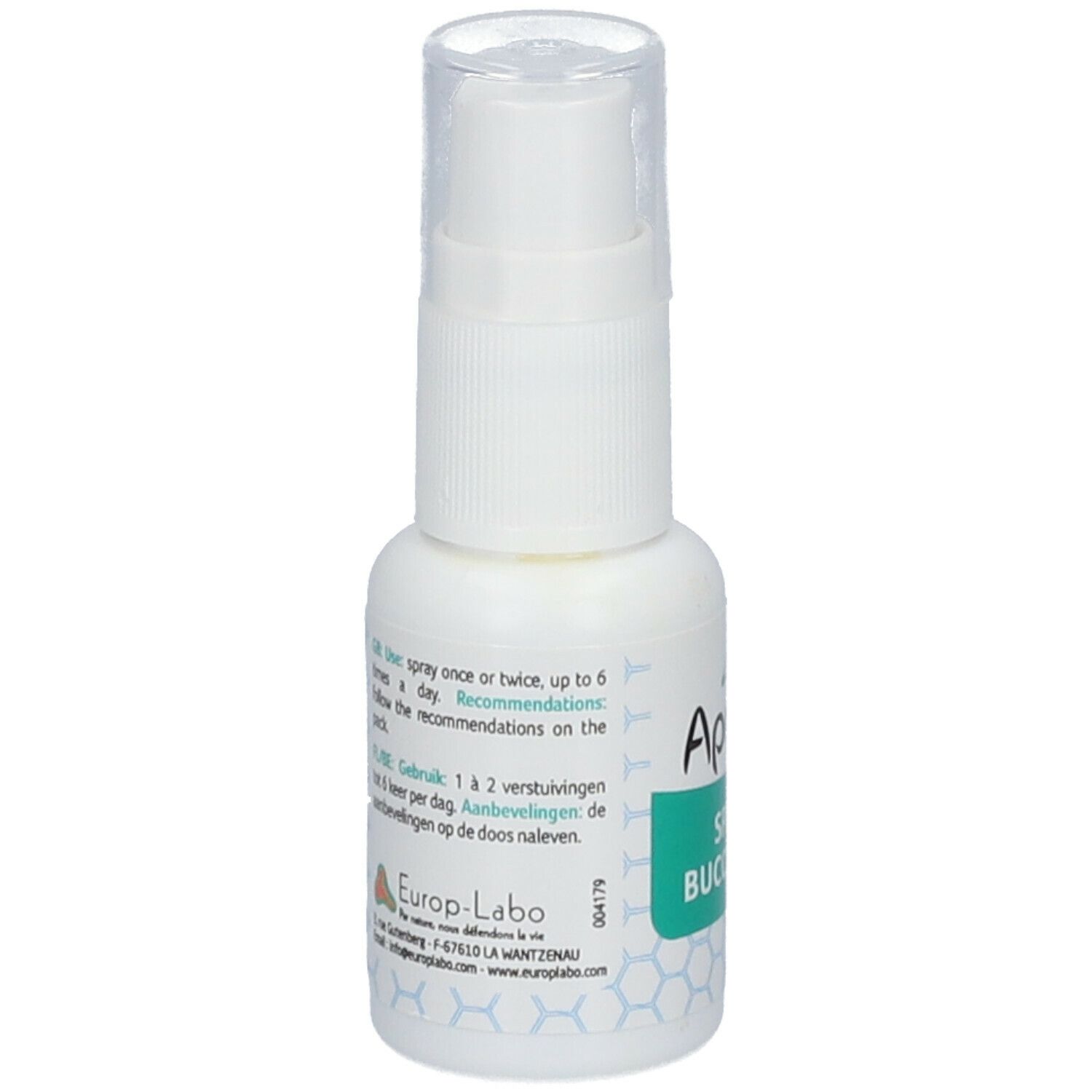 Spray buccal blanc avec bouchon transparent. Inscription: Aprolis, Spray Buccal Bio. Texte au dos.