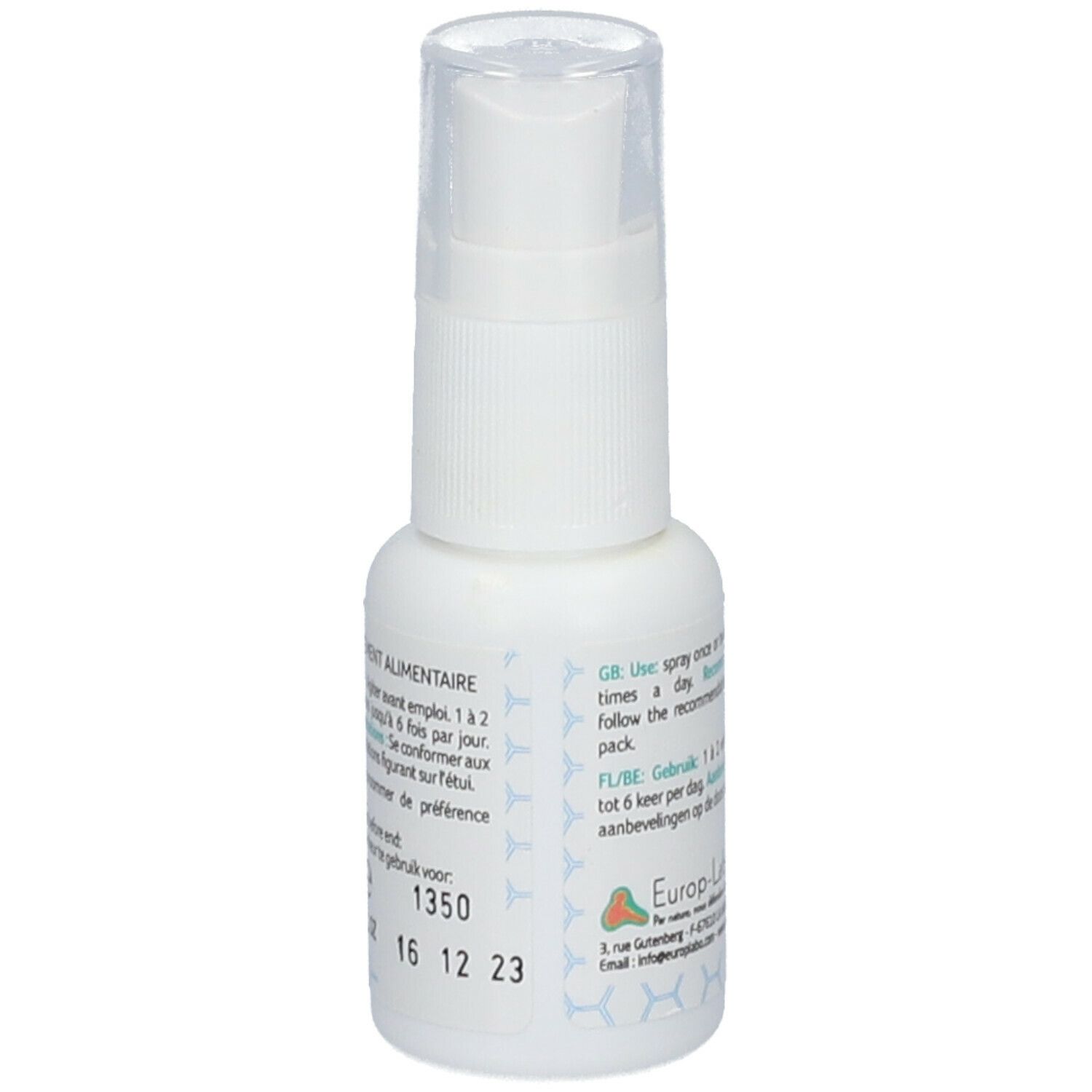 Spray buccal blanc avec bouchon transparent. Inscription: Aprolis, Spray Buccal Bio. Texte et date au dos.