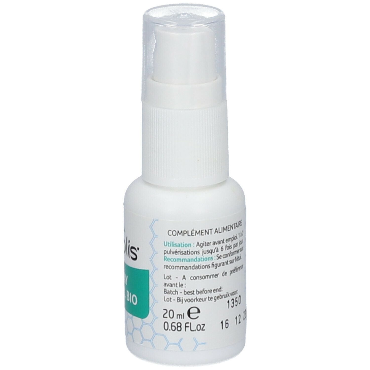 Spray buccal blanc avec bouchon transparent. Inscription: Aprolis, Spray Buccal Bio. 20 ml, 0.68 Fl Oz.
