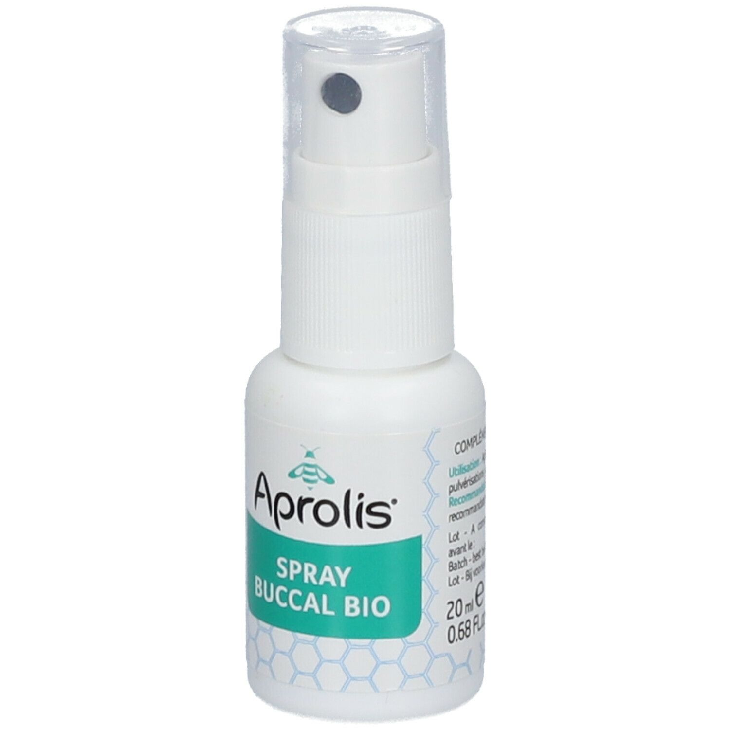Spray buccal blanc avec bouchon transparent. Inscription: Aprolis, Spray Buccal Bio. 20 ml, 0.68 Fl Oz.