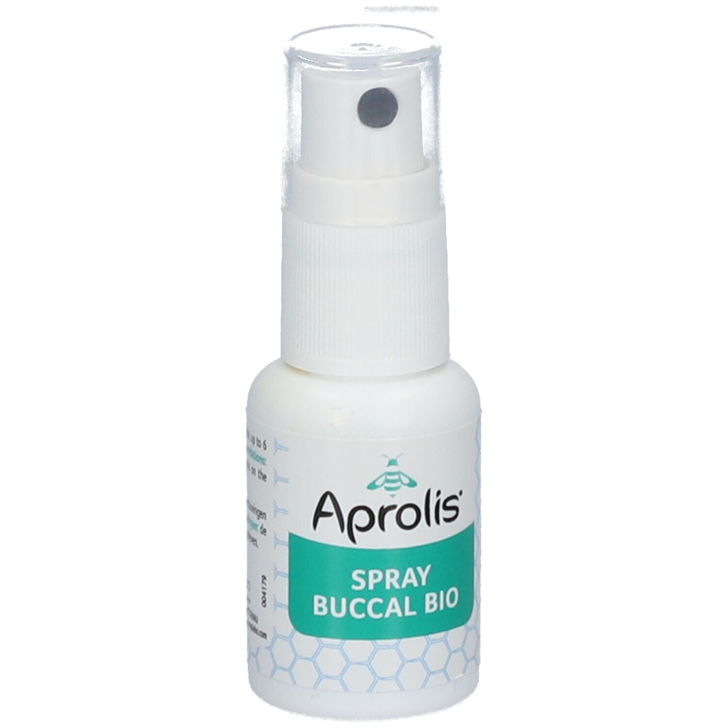 Spray buccal blanc avec bouchon transparent. Inscription: Aprolis, Spray Buccal Bio. Logo abeille.