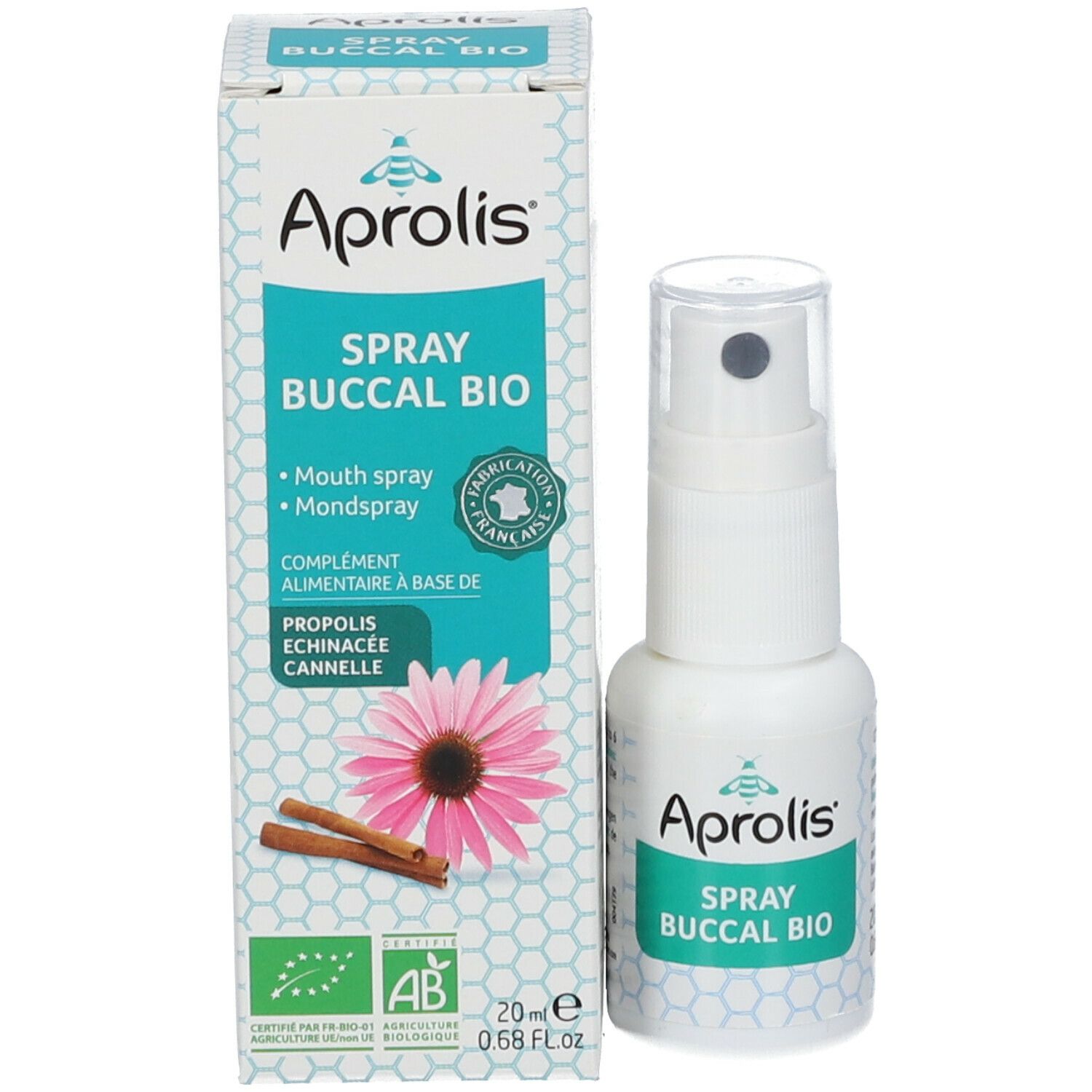 Aprolis Spray Buccal Bio et emballage. Inscription: Mouth spray, Mondspray. Avec fleur et bâtons de cannelle.