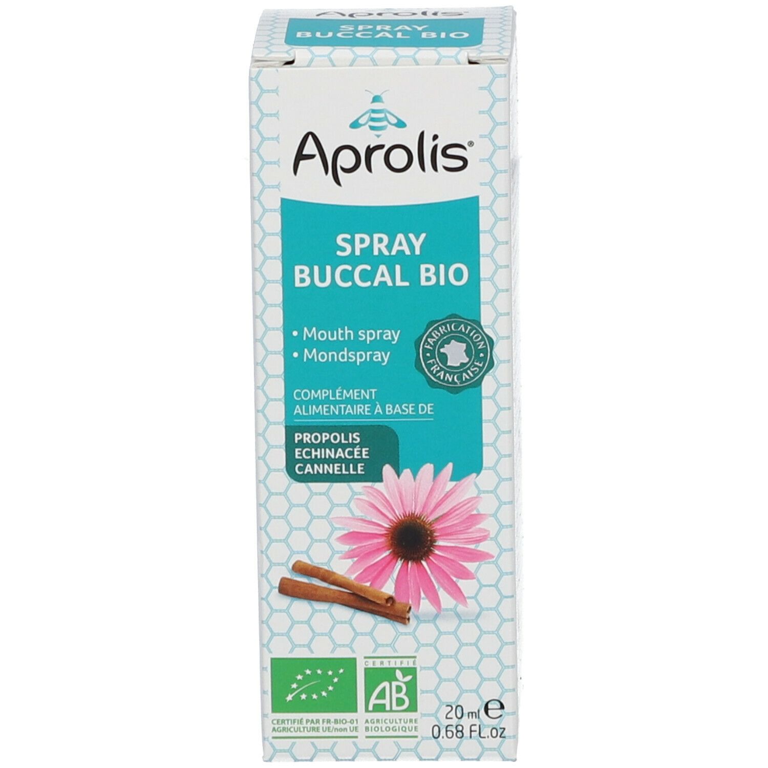 Emballage d'Aprolis Spray Buccal Bio. Inscription: Mouth spray, Mondspray. Avec fleur et bâtons de cannelle.