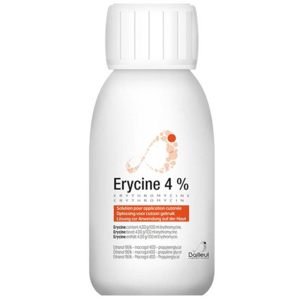 Flacon blanc Erycine 4%. Inscription Erythromycine. Bande rouge avec texte. Bouchon blanc.