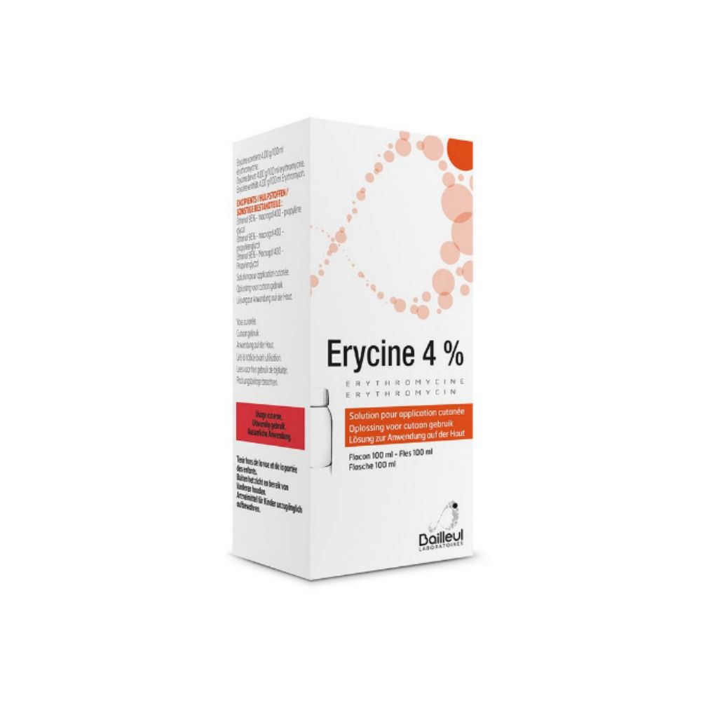Boîte avec inscription Erycine 4%. Zone rouge avec texte. Flacon représenté. Erythromycine.