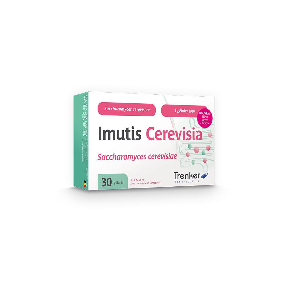 Boîte Imutis Cerevisia avec 30 gélules. Inscription: Saccharomyces cerevisiae. Logo Trenker. 1 gélule/jour.