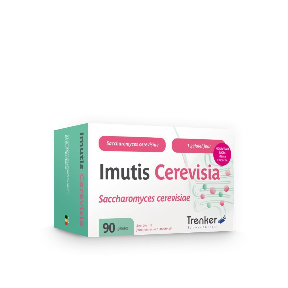 Boîte de gélules Imutis Cerevisia. Inscription: Saccharomyces cerevisiae, 90 gélules. Marque Trenker.
