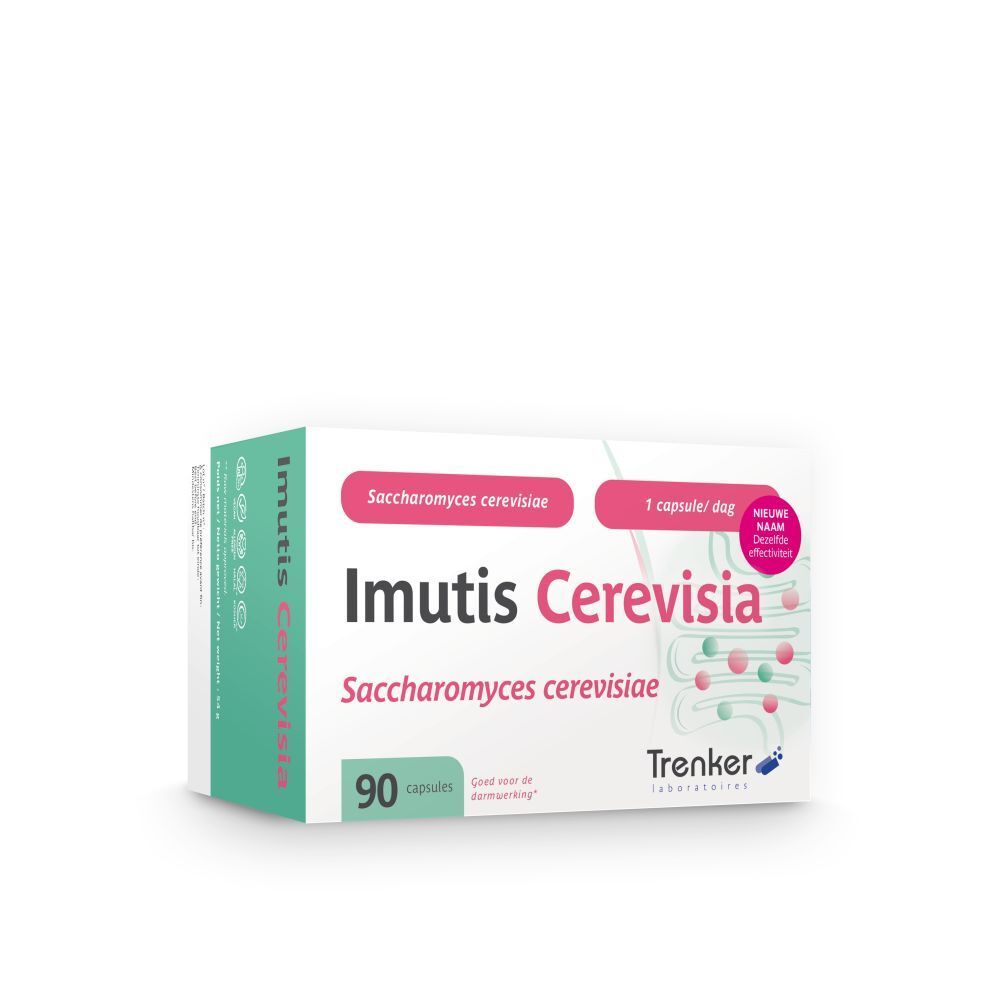 Doosje Imutis Cerevisia capsules. Opschrift: Saccharomyces cerevisiae, 90 capsules. Merk Trenker.
