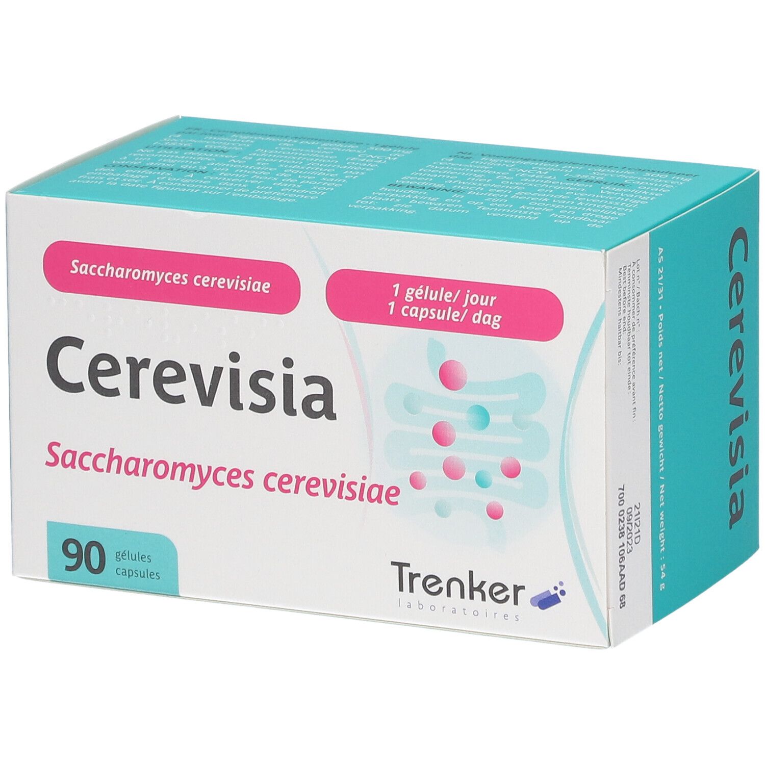 Doosje Cerevisia capsules. Opschrift: Saccharomyces cerevisiae, 90 capsules. Merk Trenker.