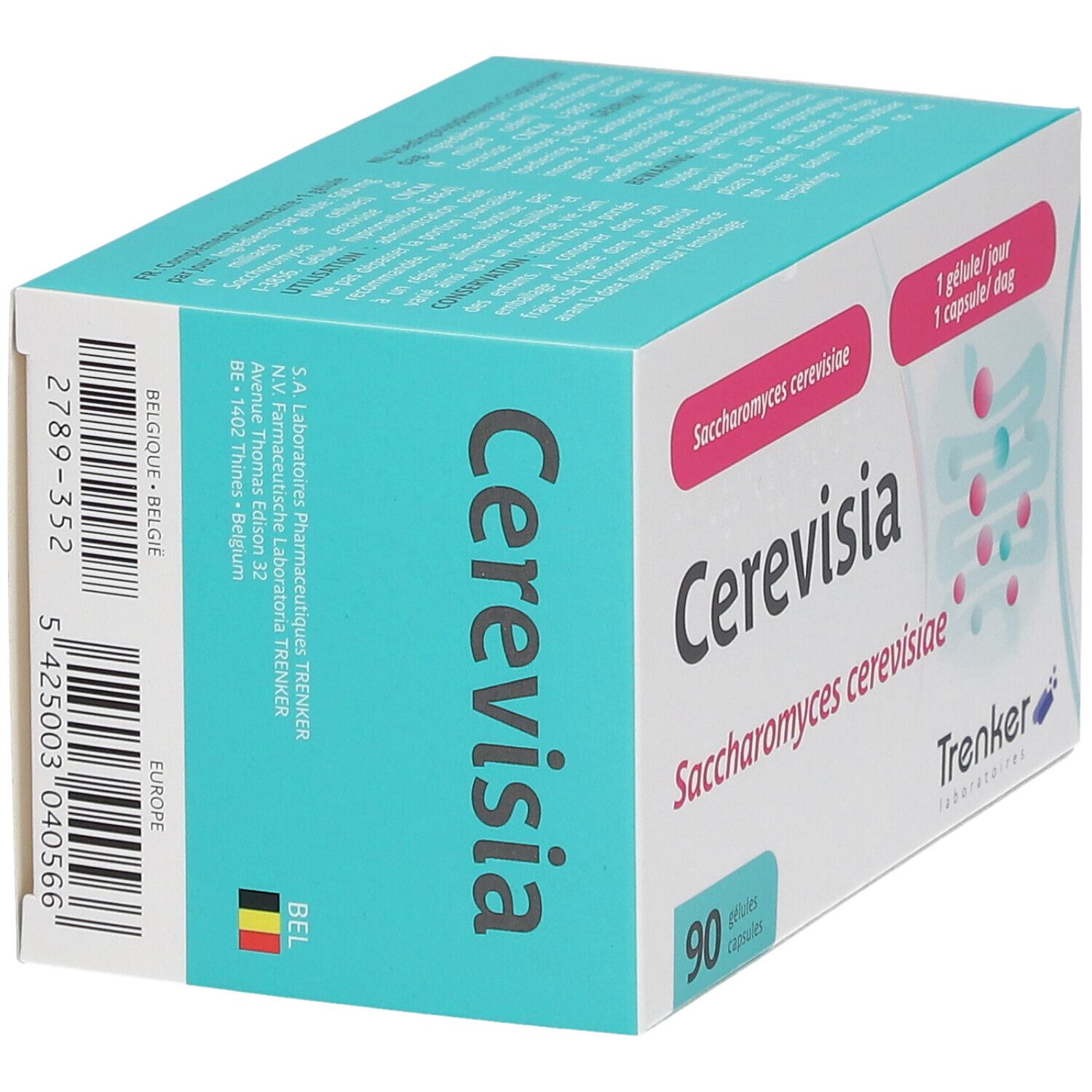 Doosje Cerevisia capsules. Opschrift: Saccharomyces cerevisiae, 90 capsules. Merk Trenker.