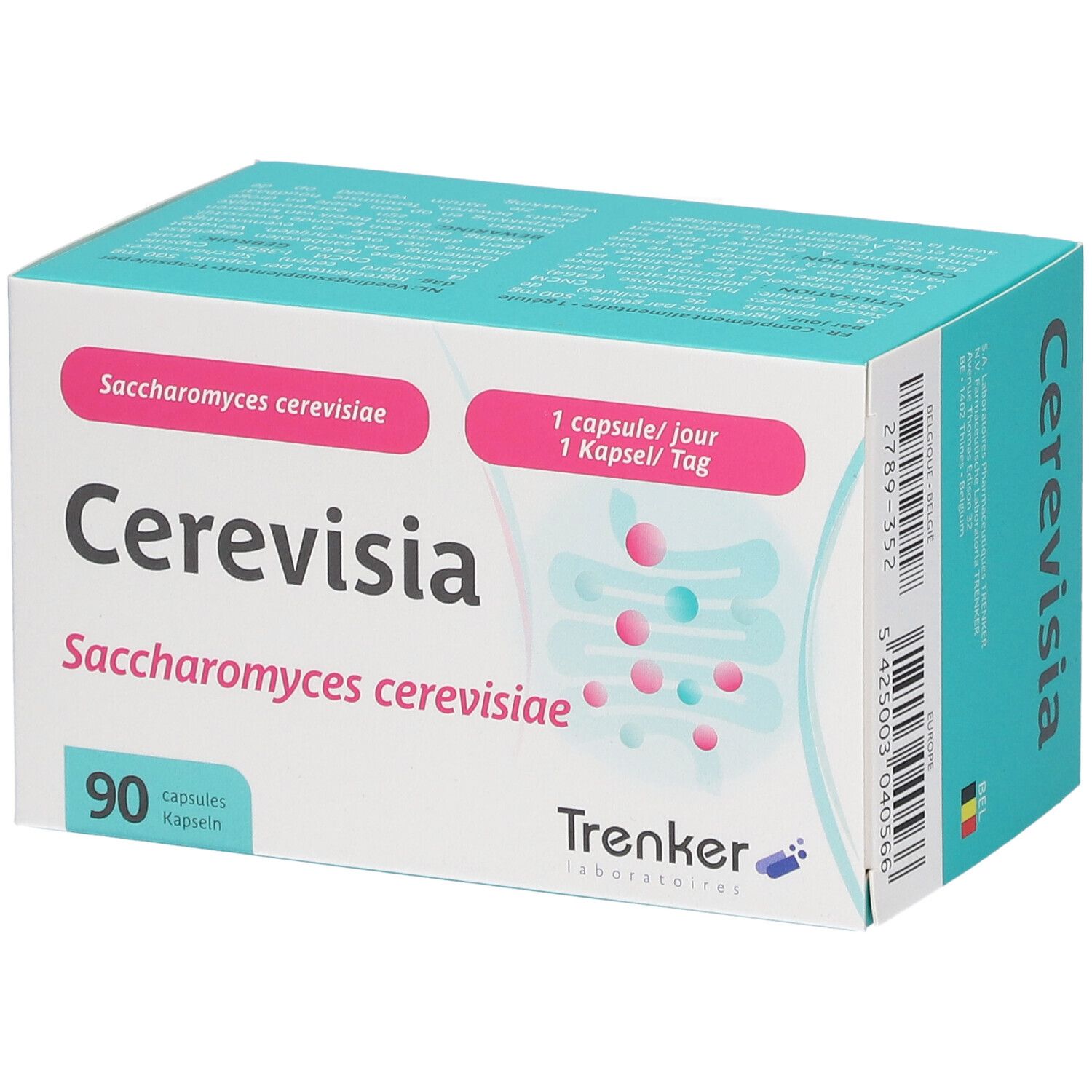 Doosje Cerevisia capsules. Opschrift: Saccharomyces cerevisiae, 90 capsules. Merk Trenker.