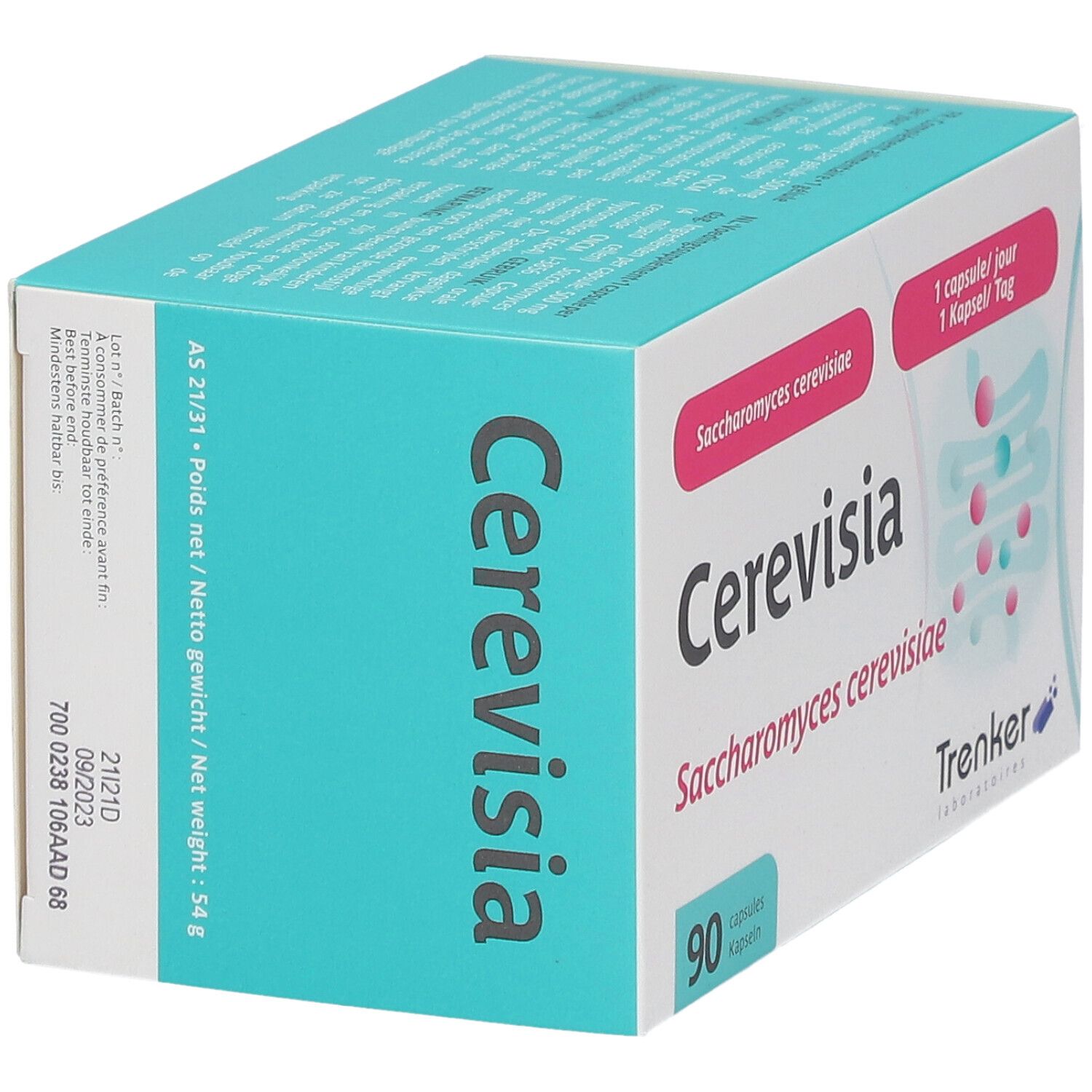 Doosje Cerevisia capsules. Opschrift: Saccharomyces cerevisiae, 90 capsules. Merk Trenker.