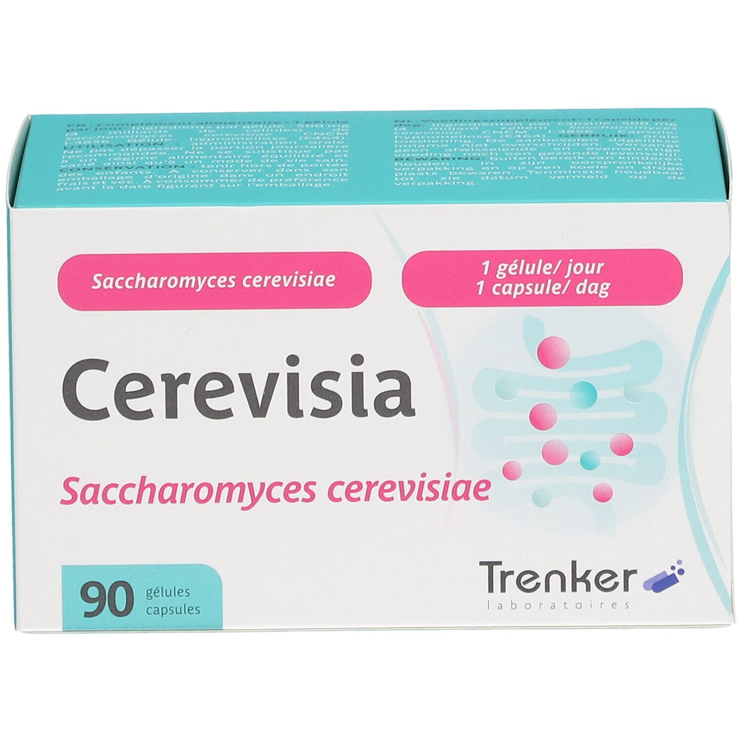 Doosje Cerevisia capsules. Opschrift: Saccharomyces cerevisiae, 90 capsules. Merk Trenker.