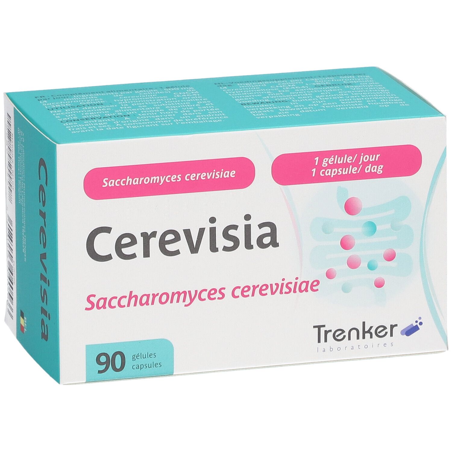 Doosje Cerevisia capsules. Opschrift: Saccharomyces cerevisiae, 90 capsules. Merk Trenker.