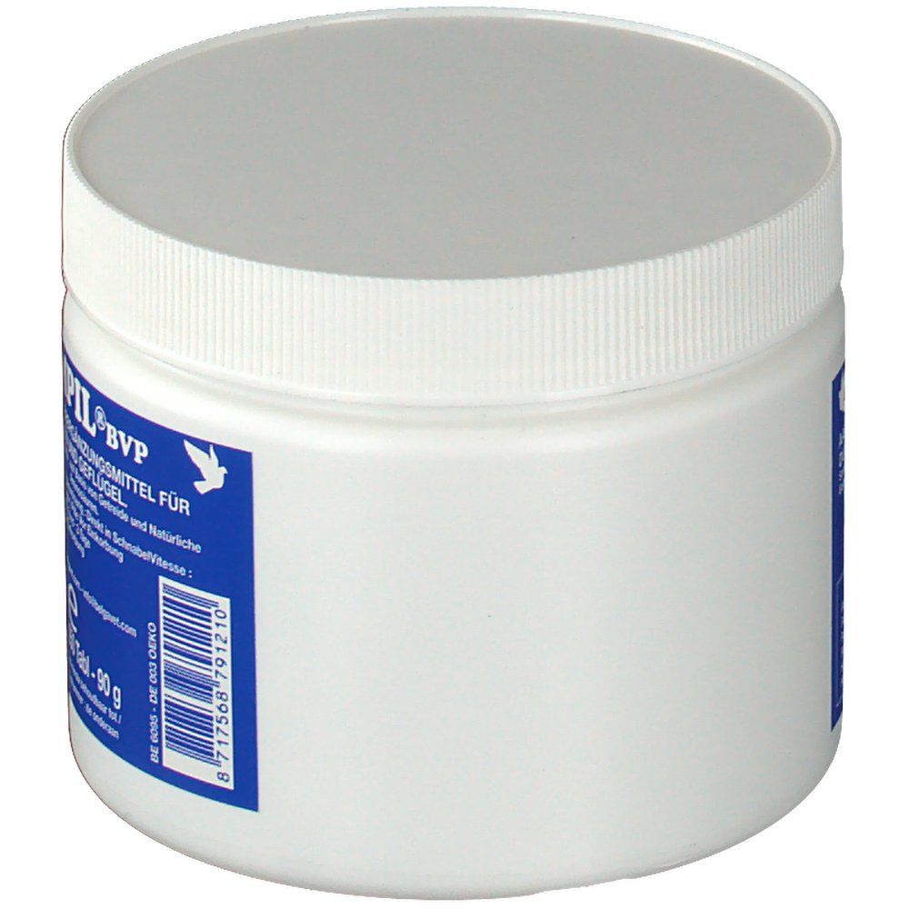 Witte pot met deksel. Blauw etiket gedeeltelijk zichtbaar. Opschrift: Vites-Formpil BVP. Aanvullend diervoeder voor duiven en gevogelte.