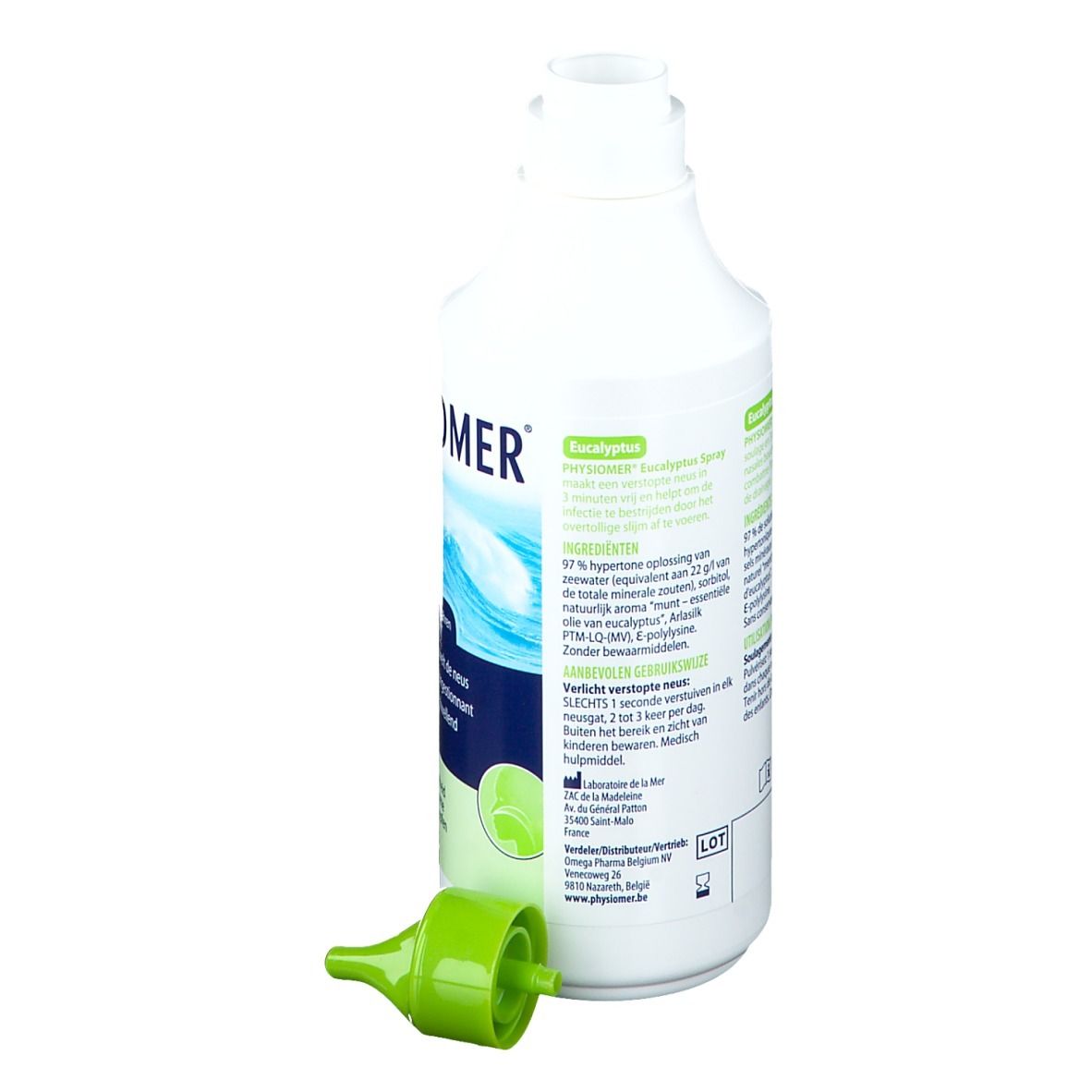 Physiomer Nasenspray-Flasche mit grünem Aufsatz. Rückseite mit Text. 135 ml.