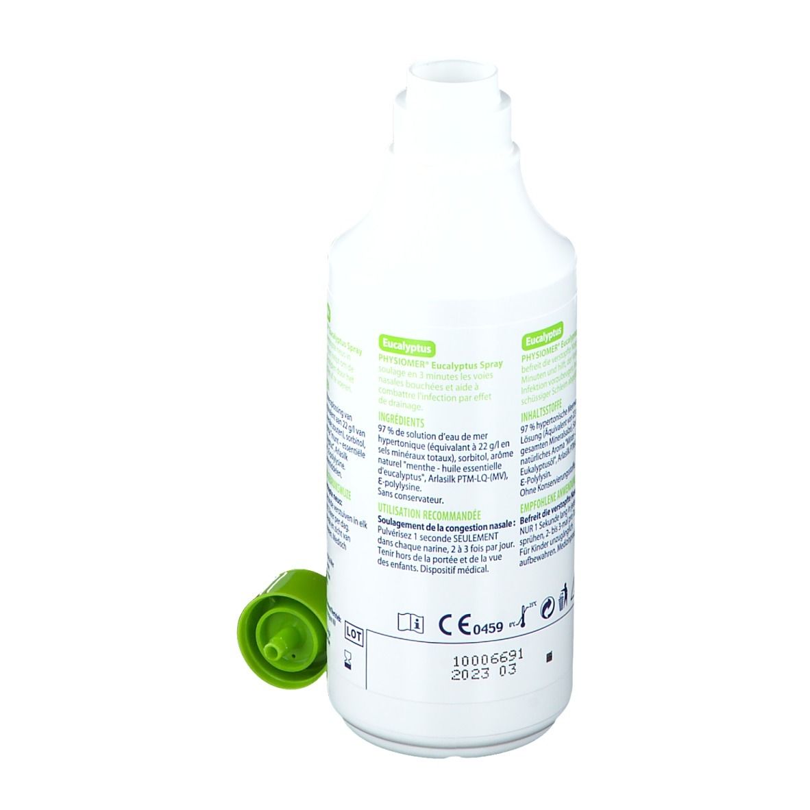 Physiomer Nasenspray-Flasche mit grünem Aufsatz. Rückseite mit Text. 135 ml.