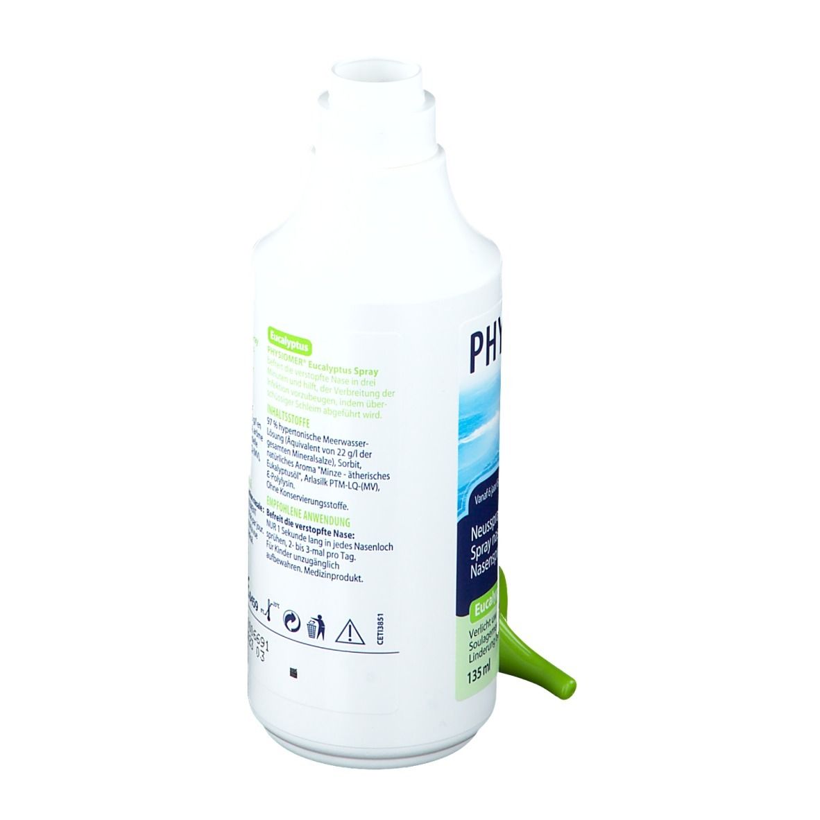 Physiomer Nasenspray-Flasche mit grünem Aufsatz. Rückseite mit Text. 135 ml.