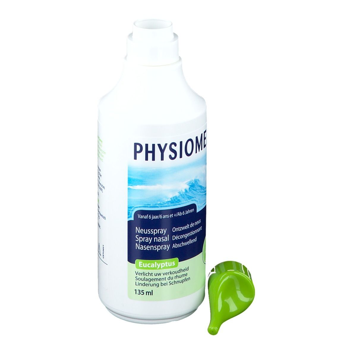 Physiomer Nasenspray-Flasche mit grünem Aufsatz. Aufschrift: Neusspray, Eucalyptus. 135 ml.