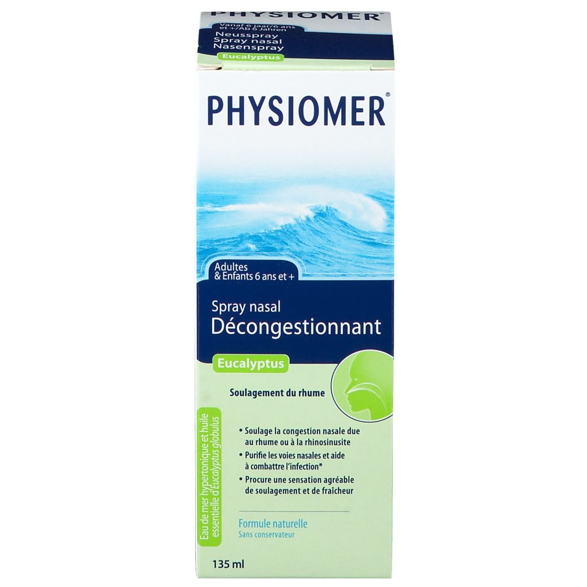 Physiomer Nasenspray-Flasche und Schachtel. Aufschrift: Spray nasal Décongestionnant, Eucalyptus. 135 ml.