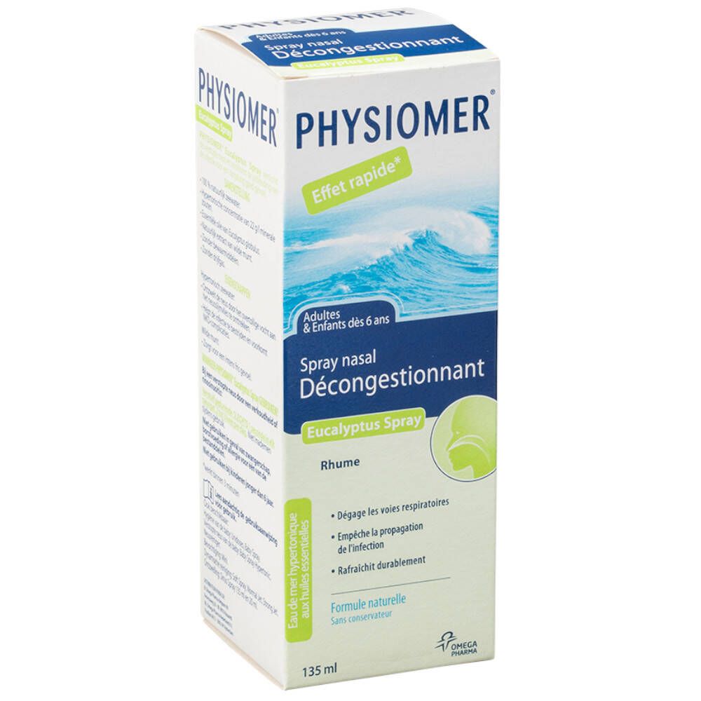 Schachtel mit Physiomer Nasenspray. Aufschrift: Spray nasal Décongestionnant, Eucalyptus Spray. 135 ml.