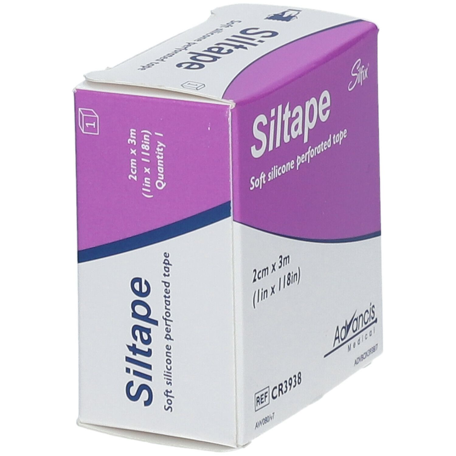 Siltape-Verpackung, schräg. Weiches, perforiertes Silikon-Fixierband. Größe: 2 cm x 3 m. Marke: Silfix.