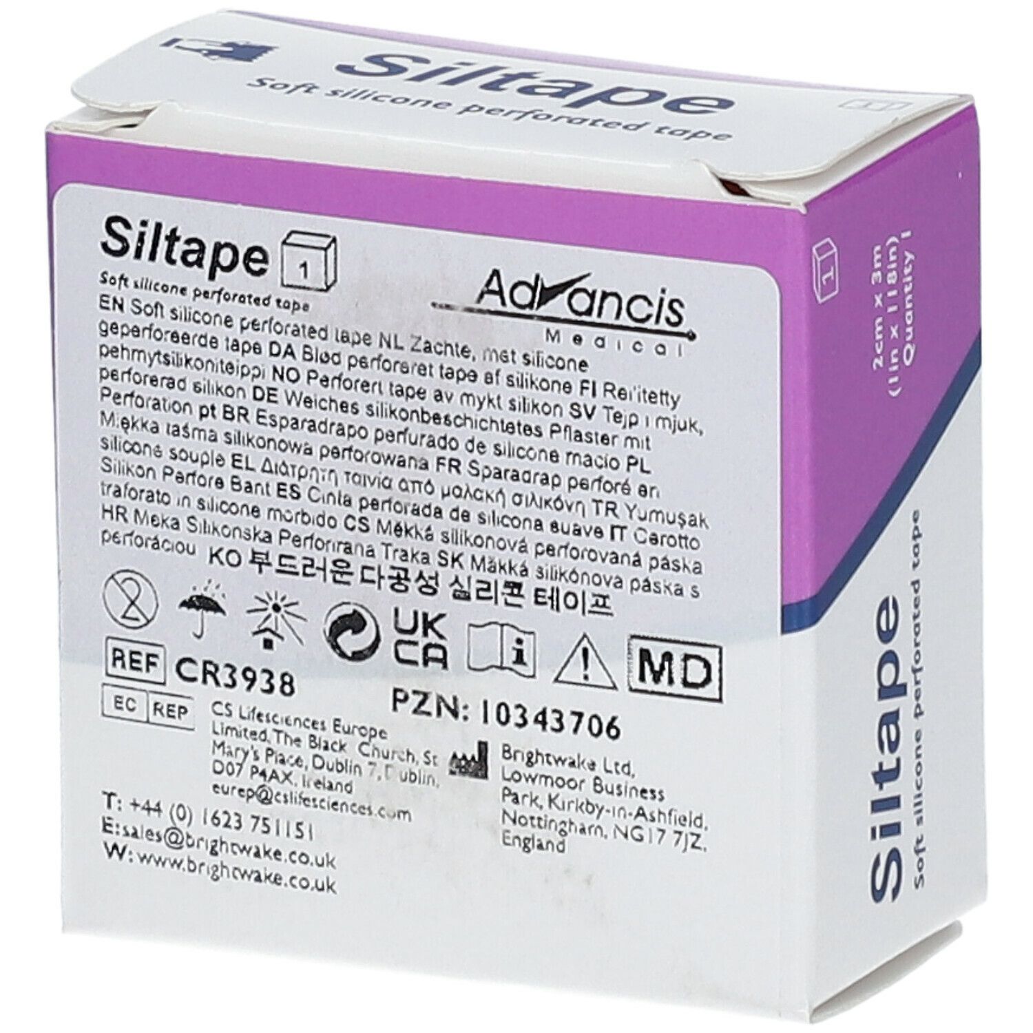 Rückseite der Siltape-Verpackung. Weiches, perforiertes Silikon-Fixierband. Größe: 2 cm x 3 m. Marke: Silfix.
