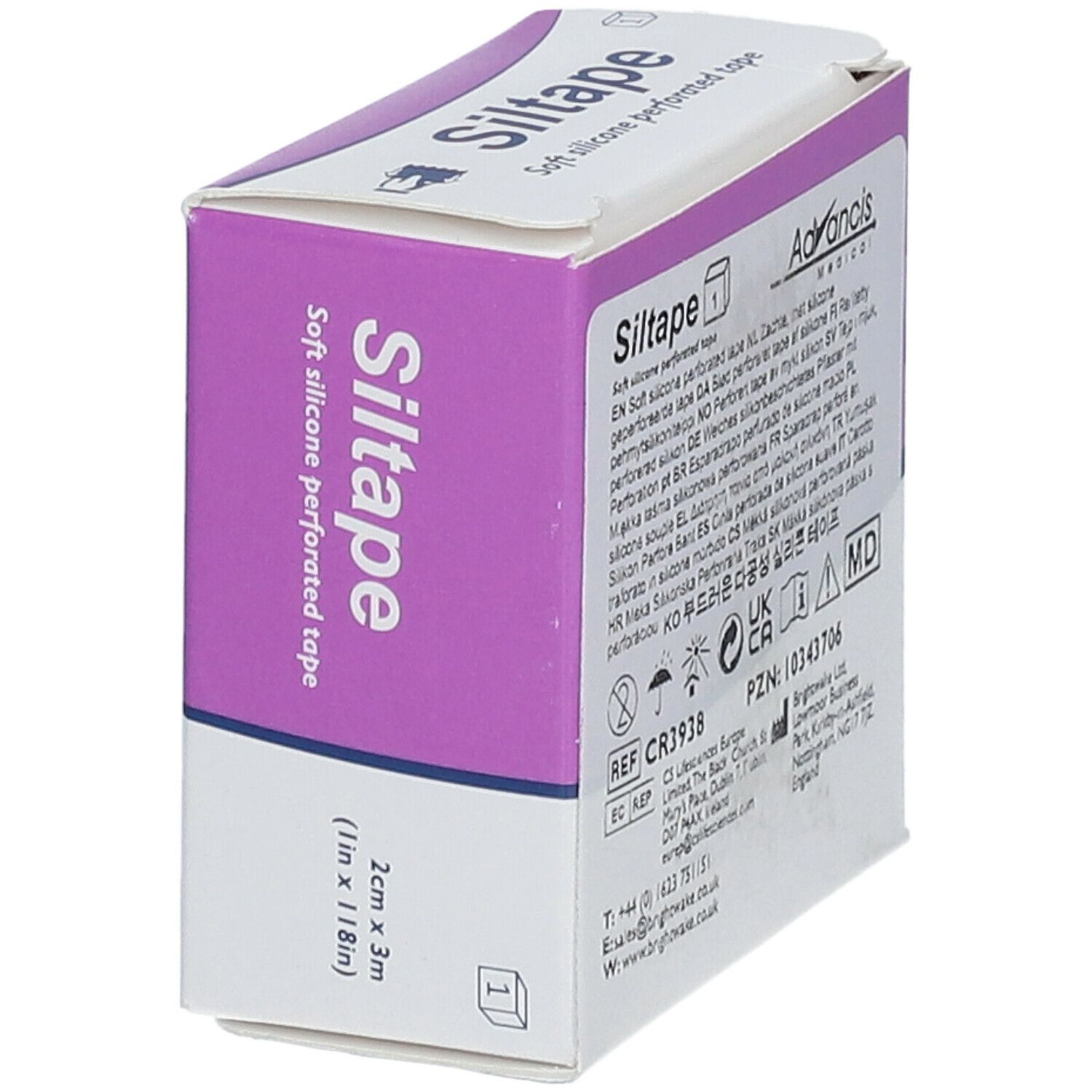 Siltape-Verpackung, schräg. Weiches, perforiertes Silikon-Fixierband. Größe: 2 cm x 3 m. Marke: Silfix.