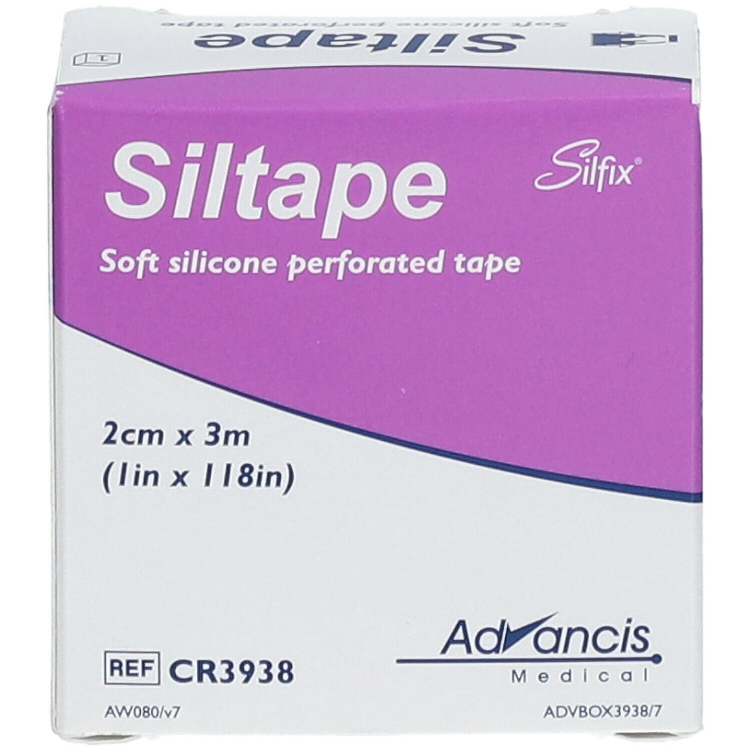 Siltape-Verpackung. Weiches, perforiertes Silikon-Fixierband. Größe: 2 cm x 3 m. Marke: Silfix.