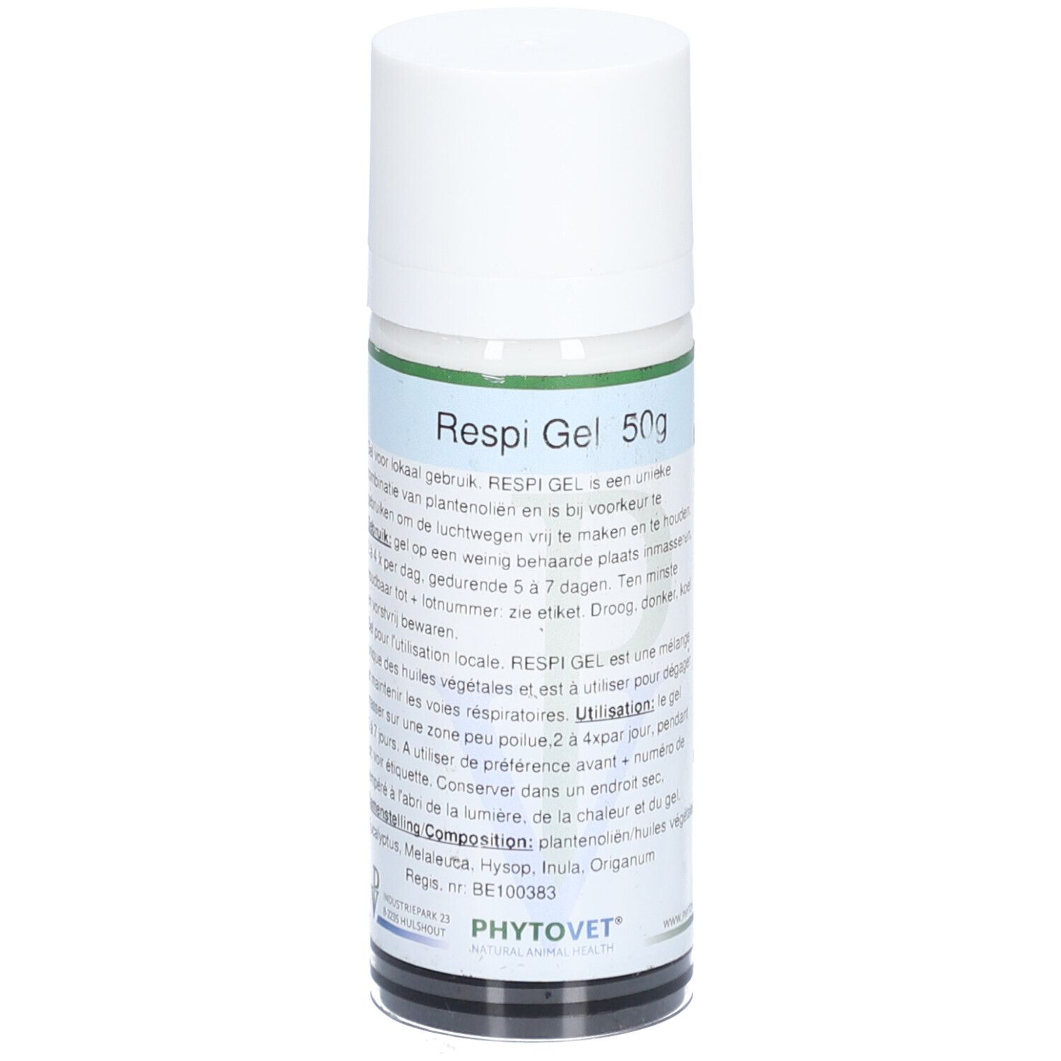 Cilindrische fles met witte dop. Opschrift "Respi Gel 50g". Etiket met productinformatie.