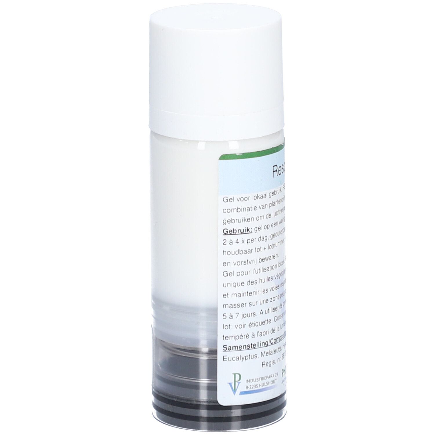 Cilindrische fles met witte dop. Etiket met productinformatie. Gedeeltelijk transparante fles.