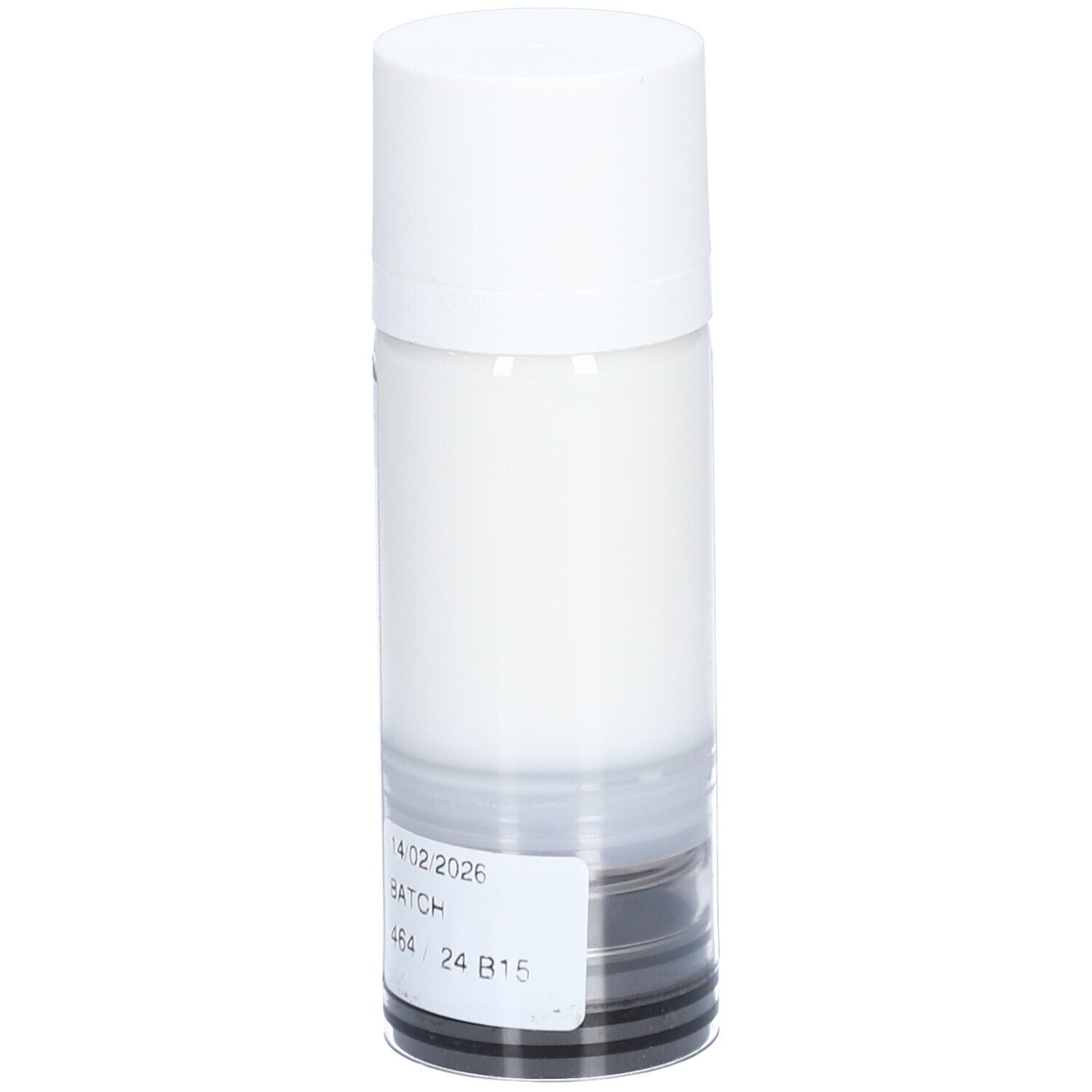 Cilindrische fles met witte dop. Etiket met batchnummer en vervaldatum.