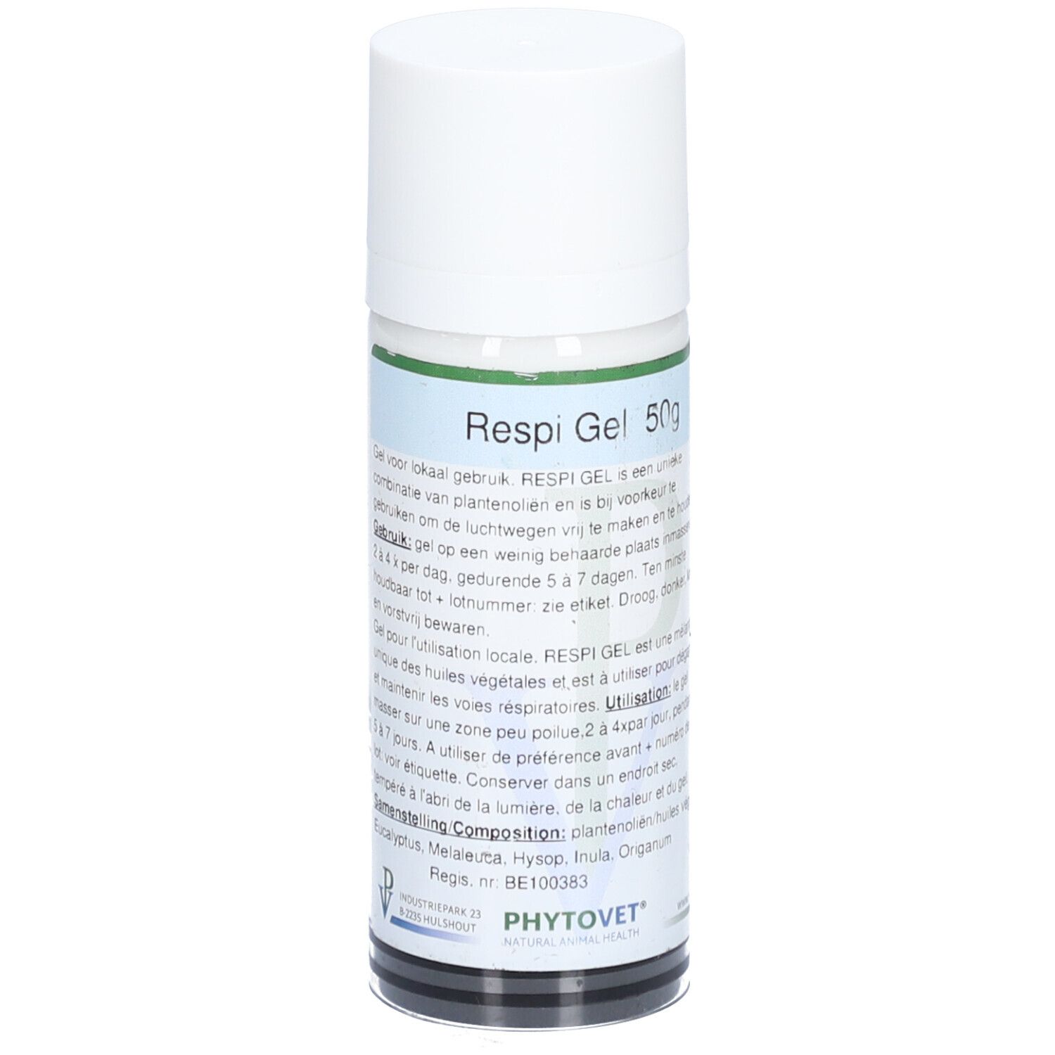 Cilindrische fles met witte dop. Opschrift "Respi Gel 50g". Etiket met productinformatie.