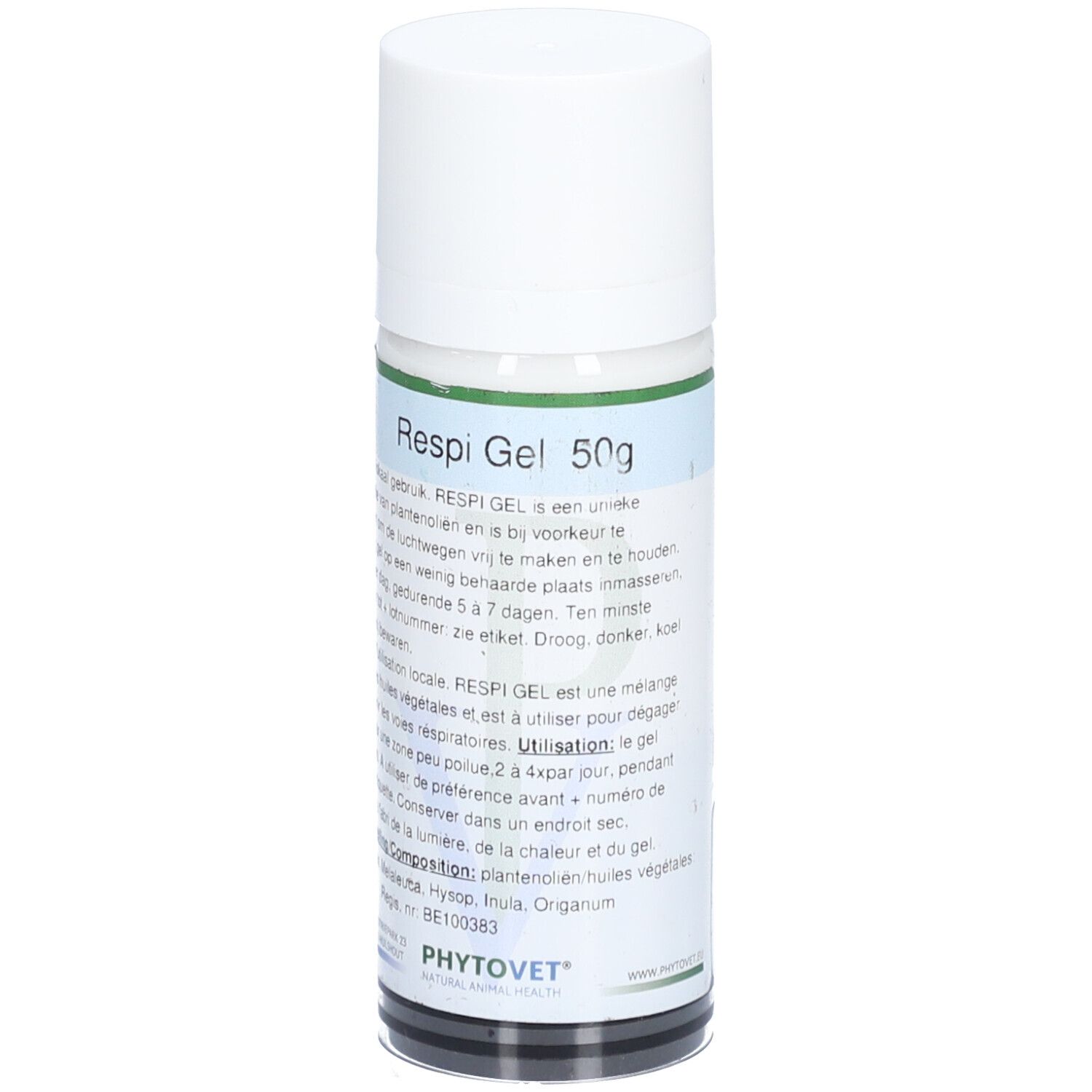Cilindrische fles met witte dop. Opschrift "Respi Gel 50g". Etiket met productinformatie.