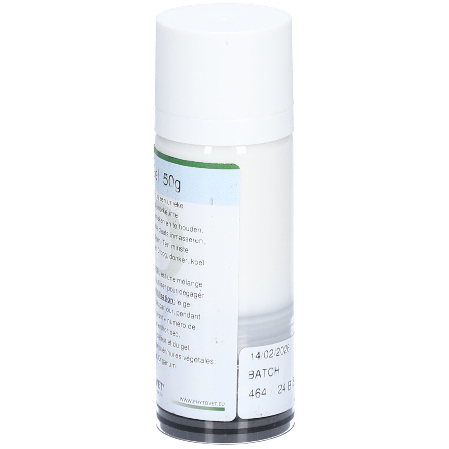 Cilindrische fles met witte dop. Etiket met batchnummer en vervaldatum.