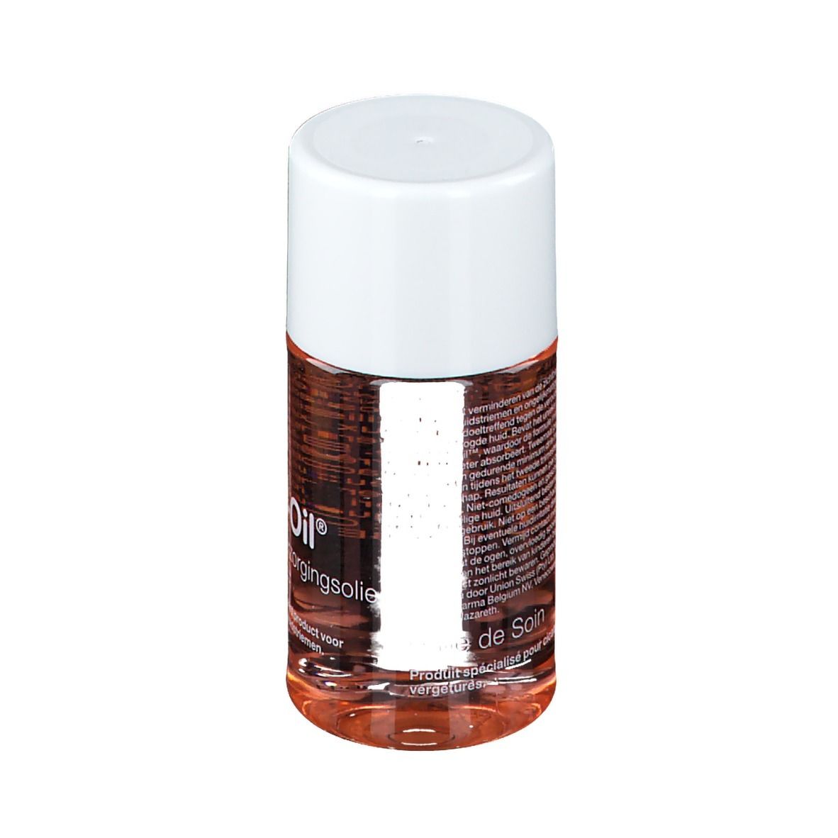 Flacon cylindrique avec bouchon blanc. Inscription: Bio-Oil. Liquide visible. Texte sur le flacon.