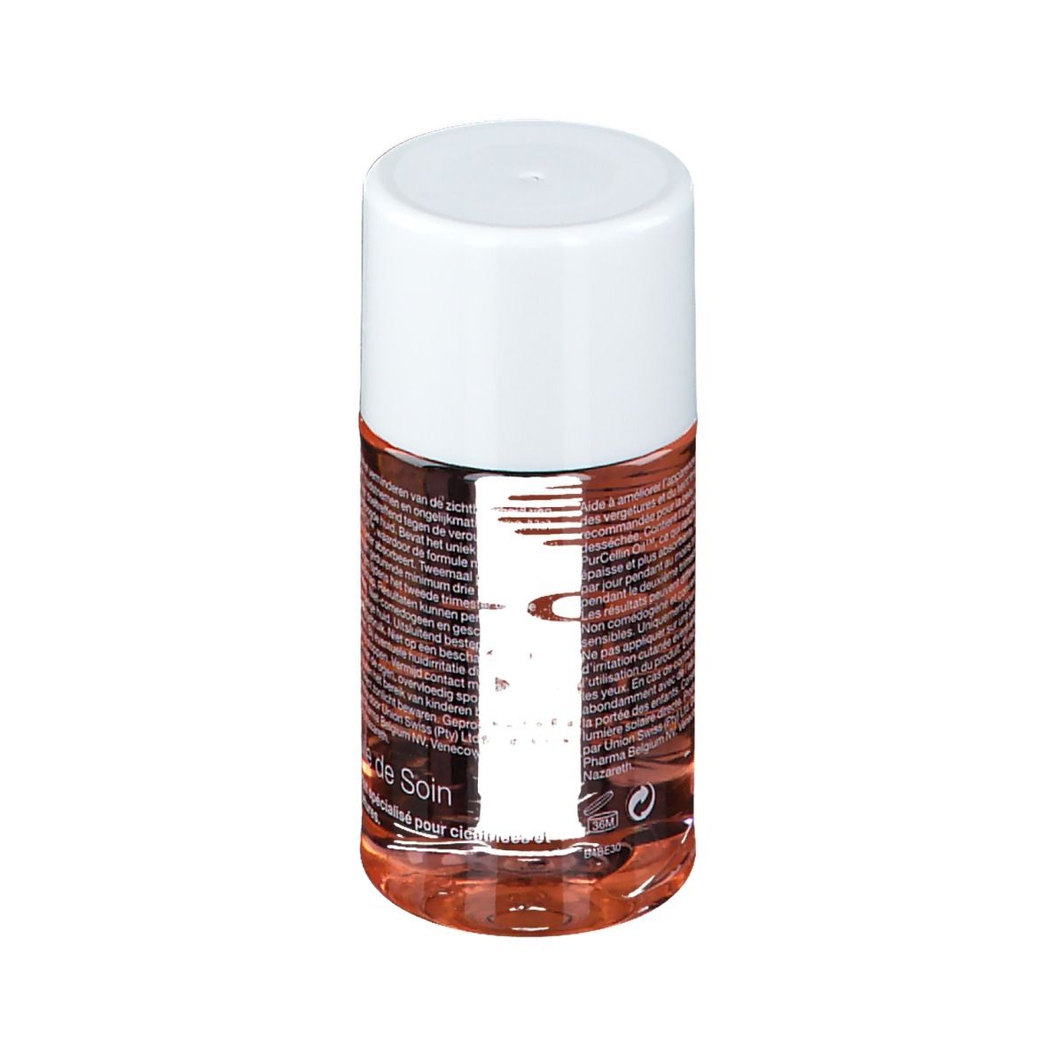 Flacon cylindrique avec bouchon blanc. Inscription: Bio-Oil. Liquide visible. Texte sur le flacon.