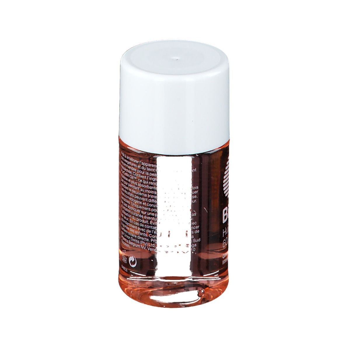 Flacon cylindrique avec bouchon blanc. Inscription: Bio-Oil. Liquide visible. Texte sur le flacon.
