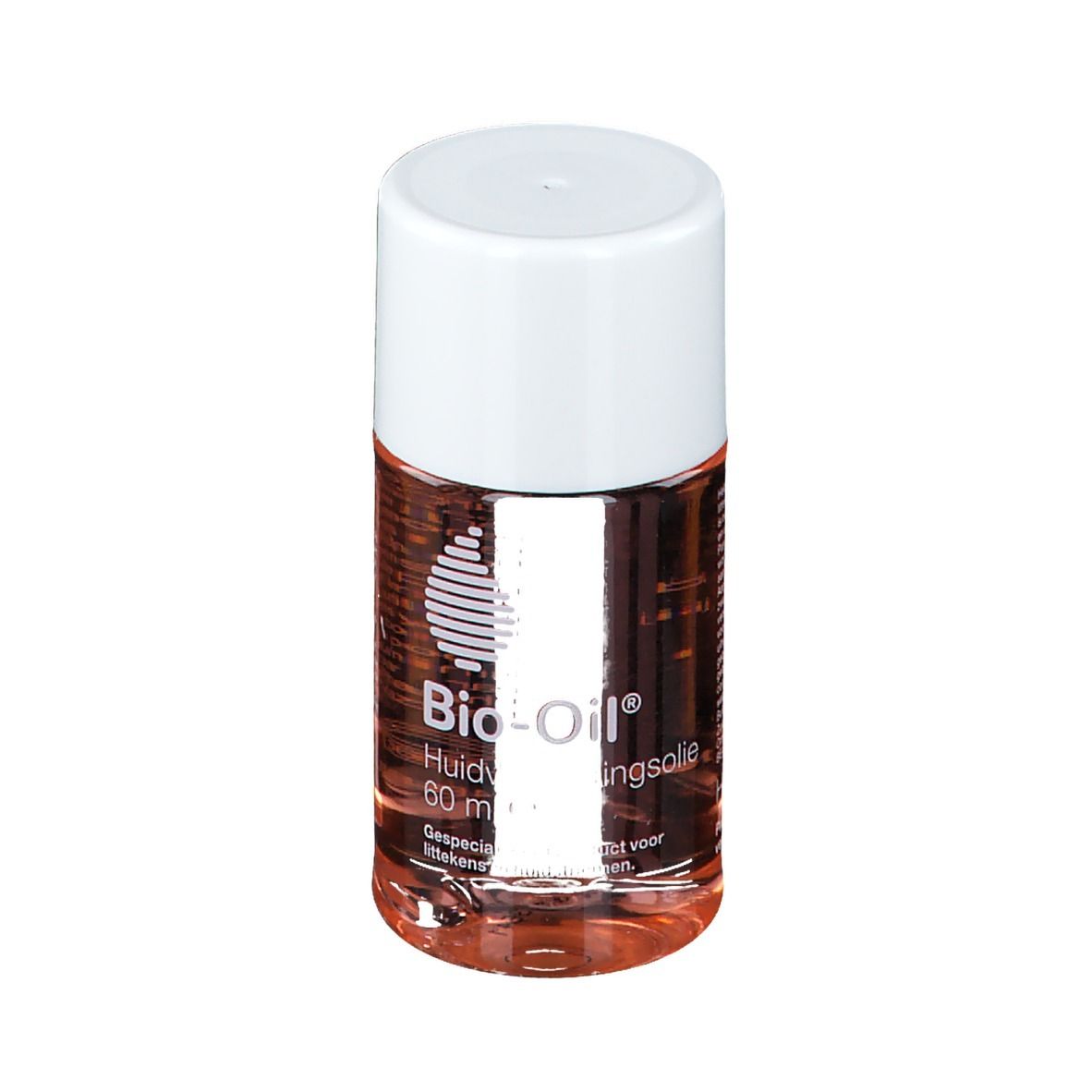 Flacon cylindrique avec bouchon blanc. Inscription: Bio-Oil. Liquide visible. Texte sur le flacon.