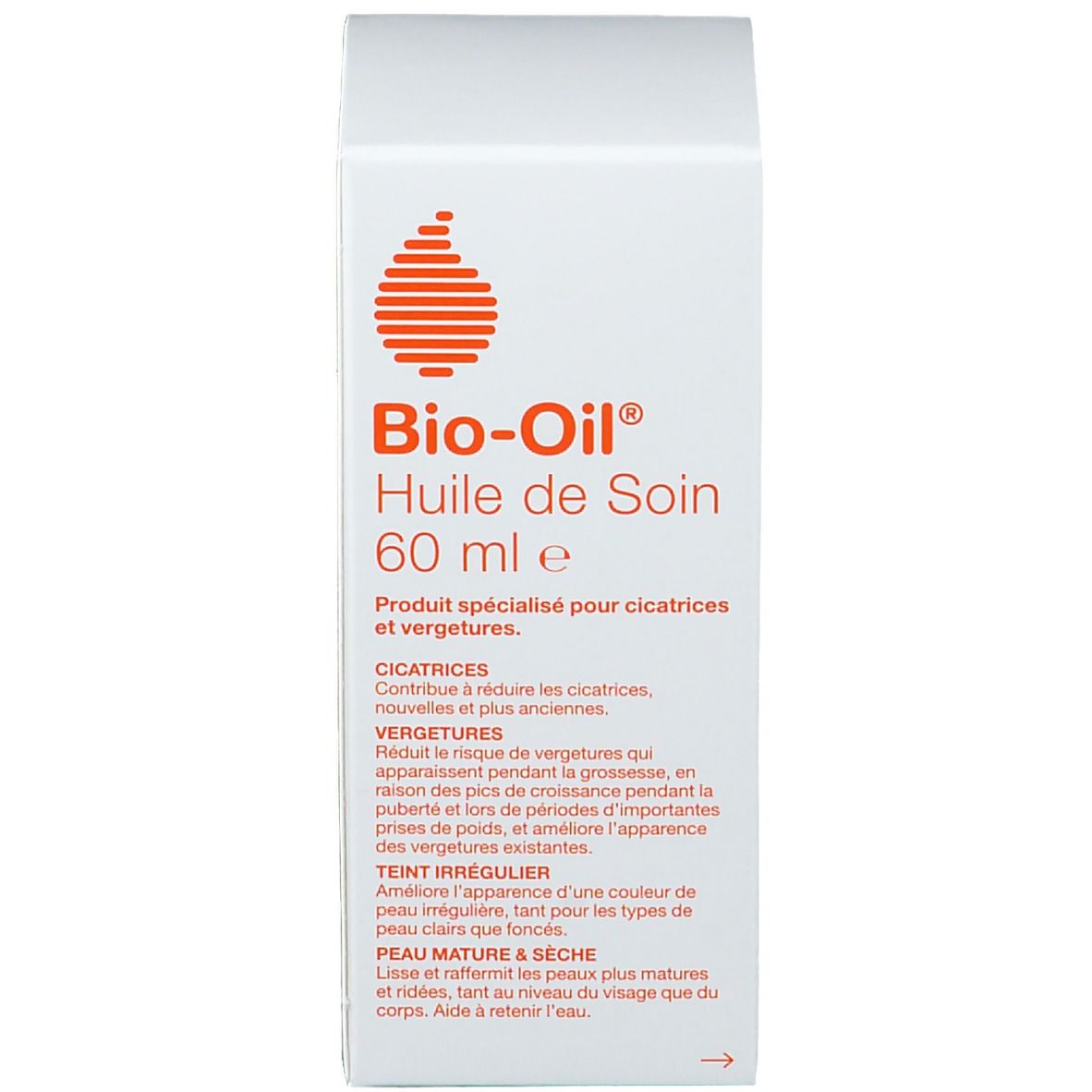 Emballage blanc avec texte et logo. Inscription: Bio-Oil, 60 ml. Produit pour cicatrices et vergetures.
